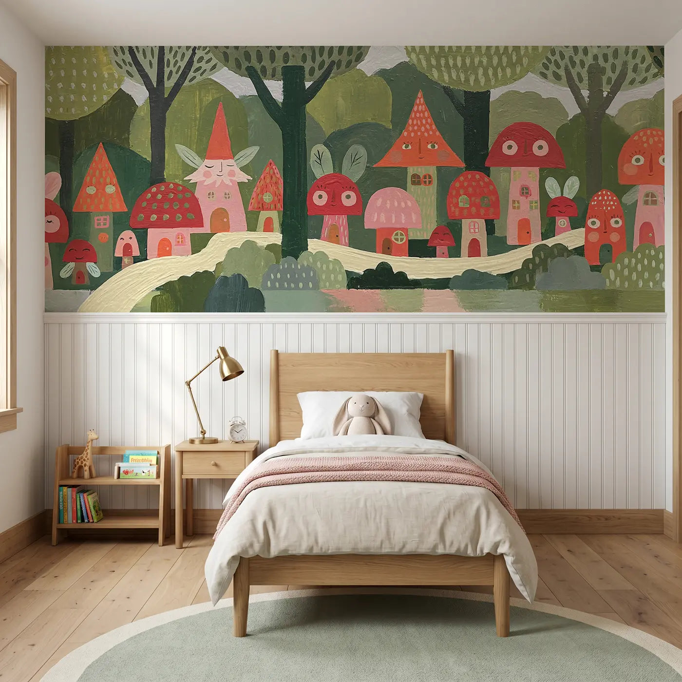 Modern Illustration flat fairy mushroom village wainscoting wallpaper for nursery by Whimsy Tots