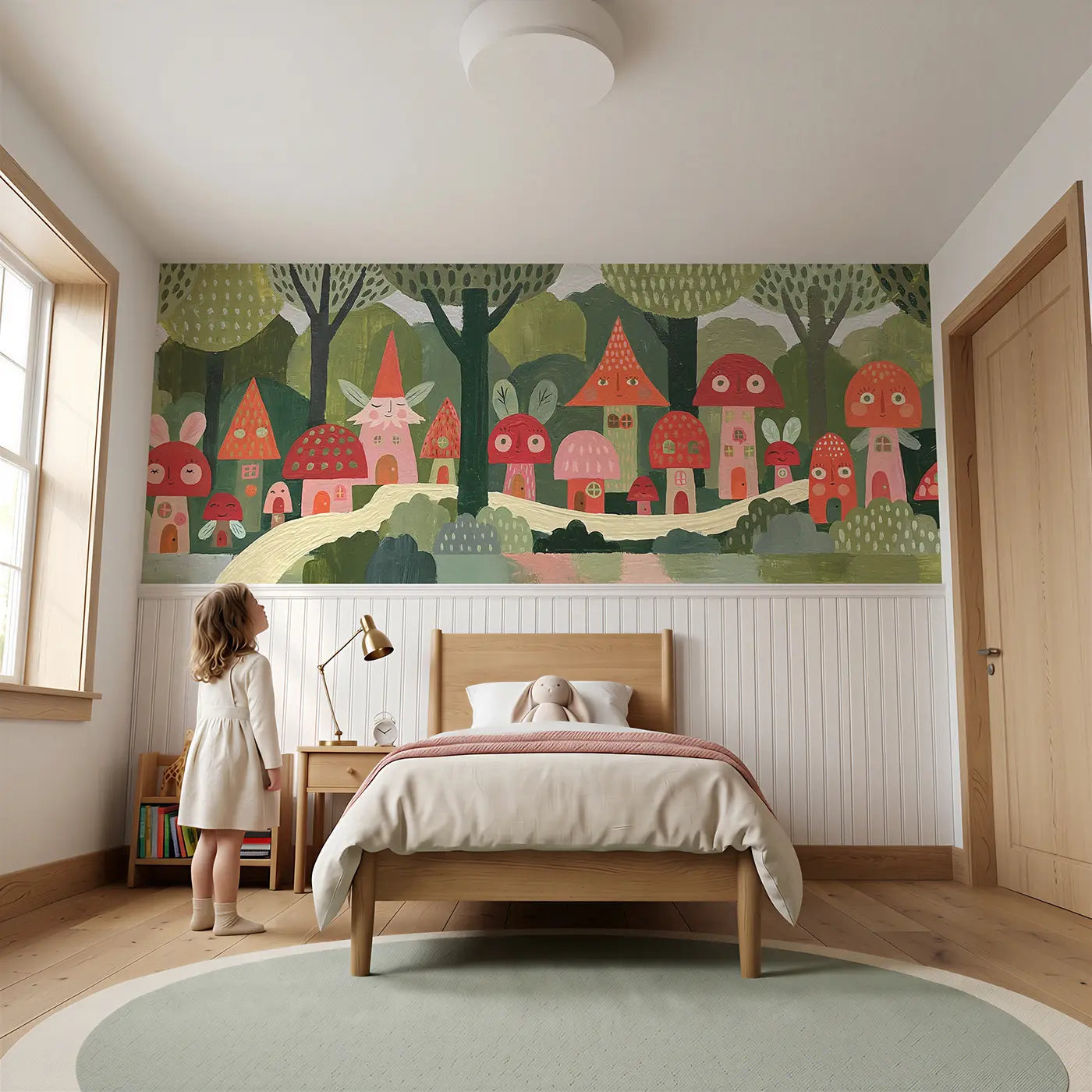Child reading near Flat Fairy Mushroom Village Wainscoting Wallpaper by Whimsy Tots