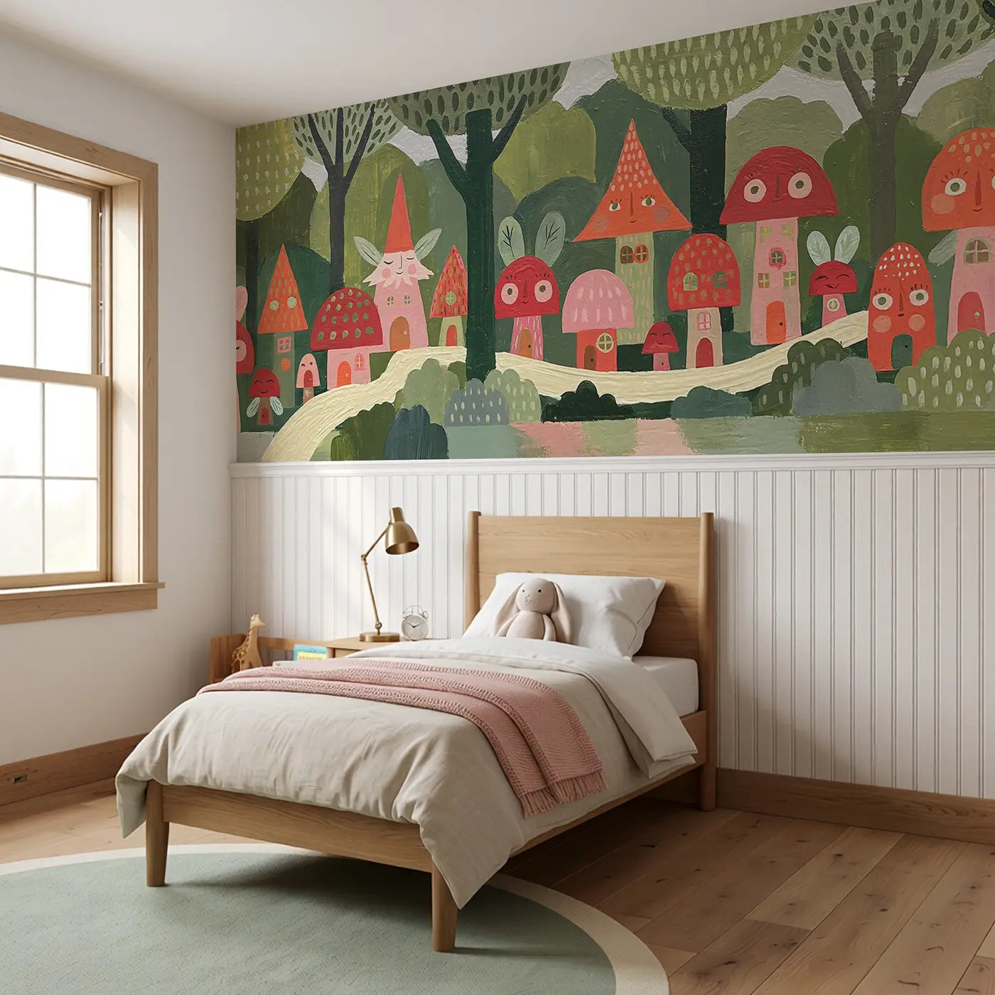 Flat Fairy Mushroom Village Wainscoting Wallpaper styled in a kids bedroom by Whimsy Tots