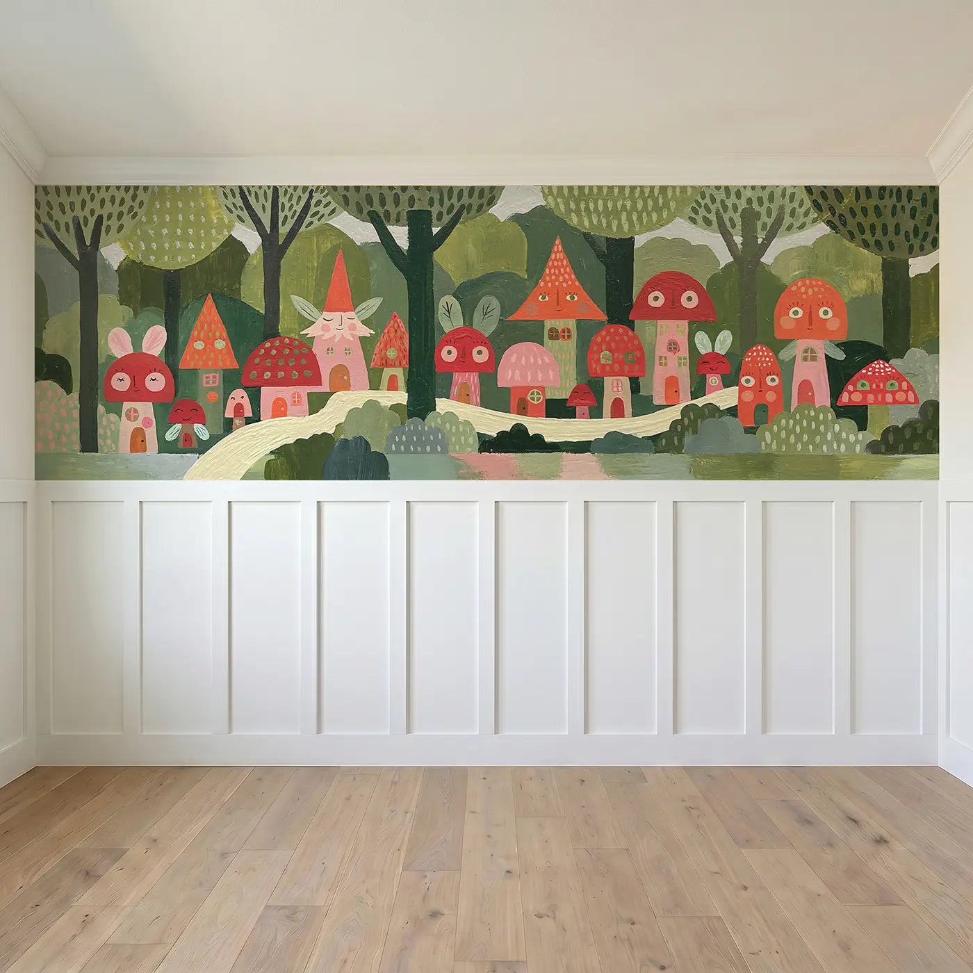 Full panel view of Flat Fairy Mushroom Village Wainscoting Wallpaper by Whimsy Tots