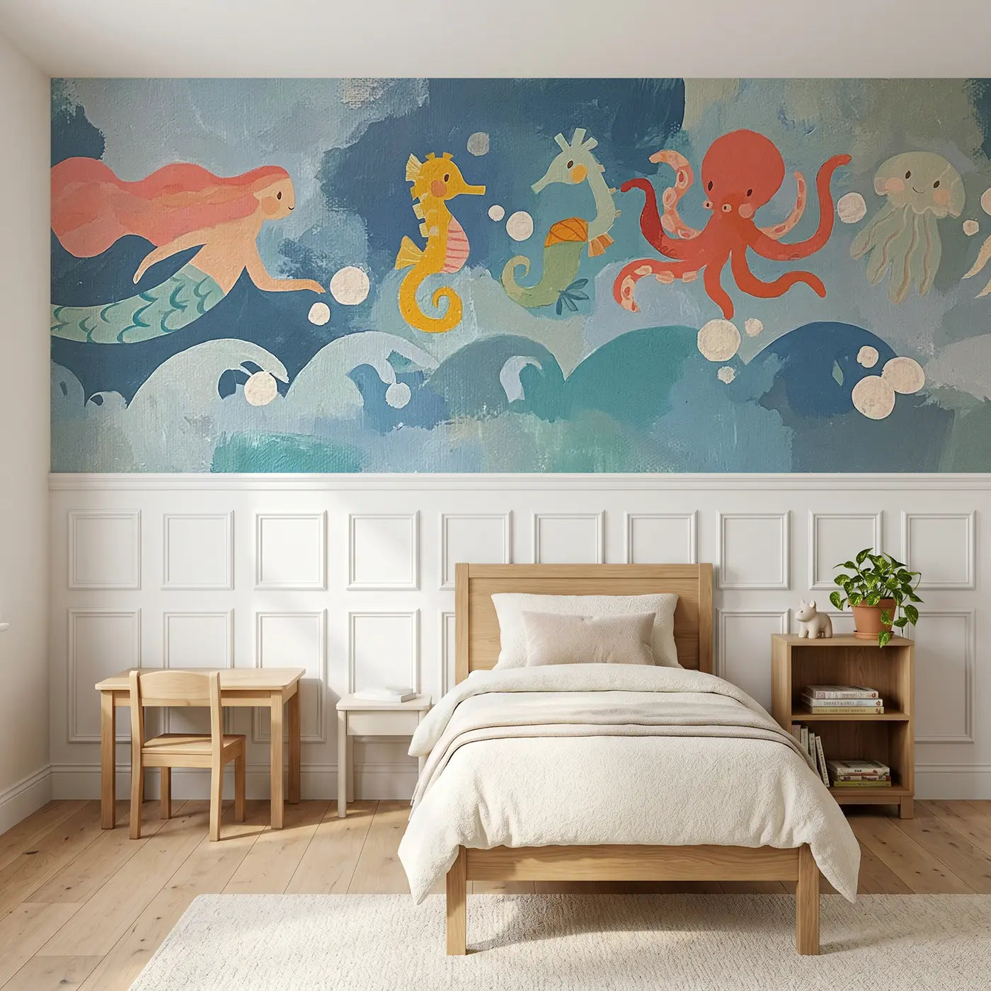 Modern Illustration bold sea creature parade wainscoting wallpaper for nursery by Whimsy Tots