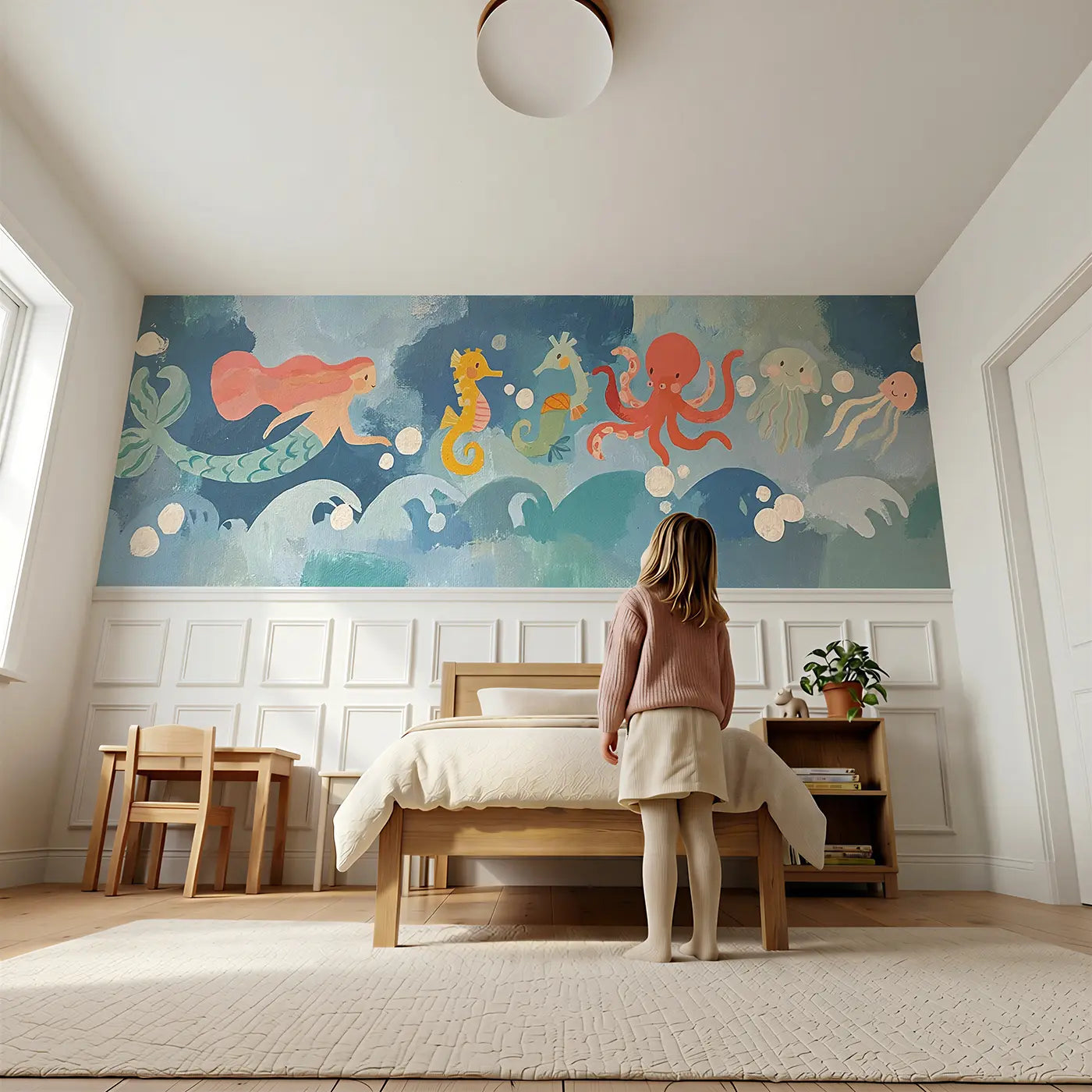 Child reading near Bold Sea Creature Parade Wainscoting Wallpaper by Whimsy Tots