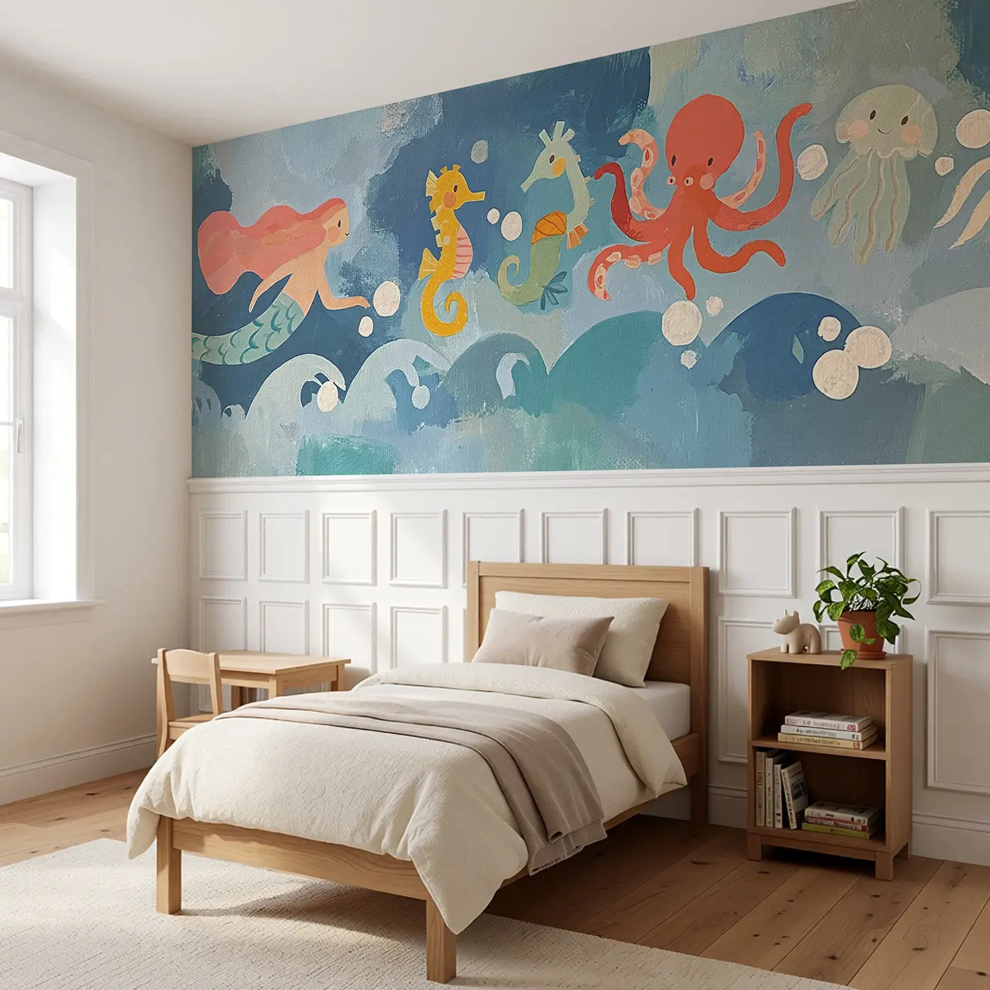 Bold Sea Creature Parade Wainscoting Wallpaper styled in a kids bedroom by Whimsy Tots