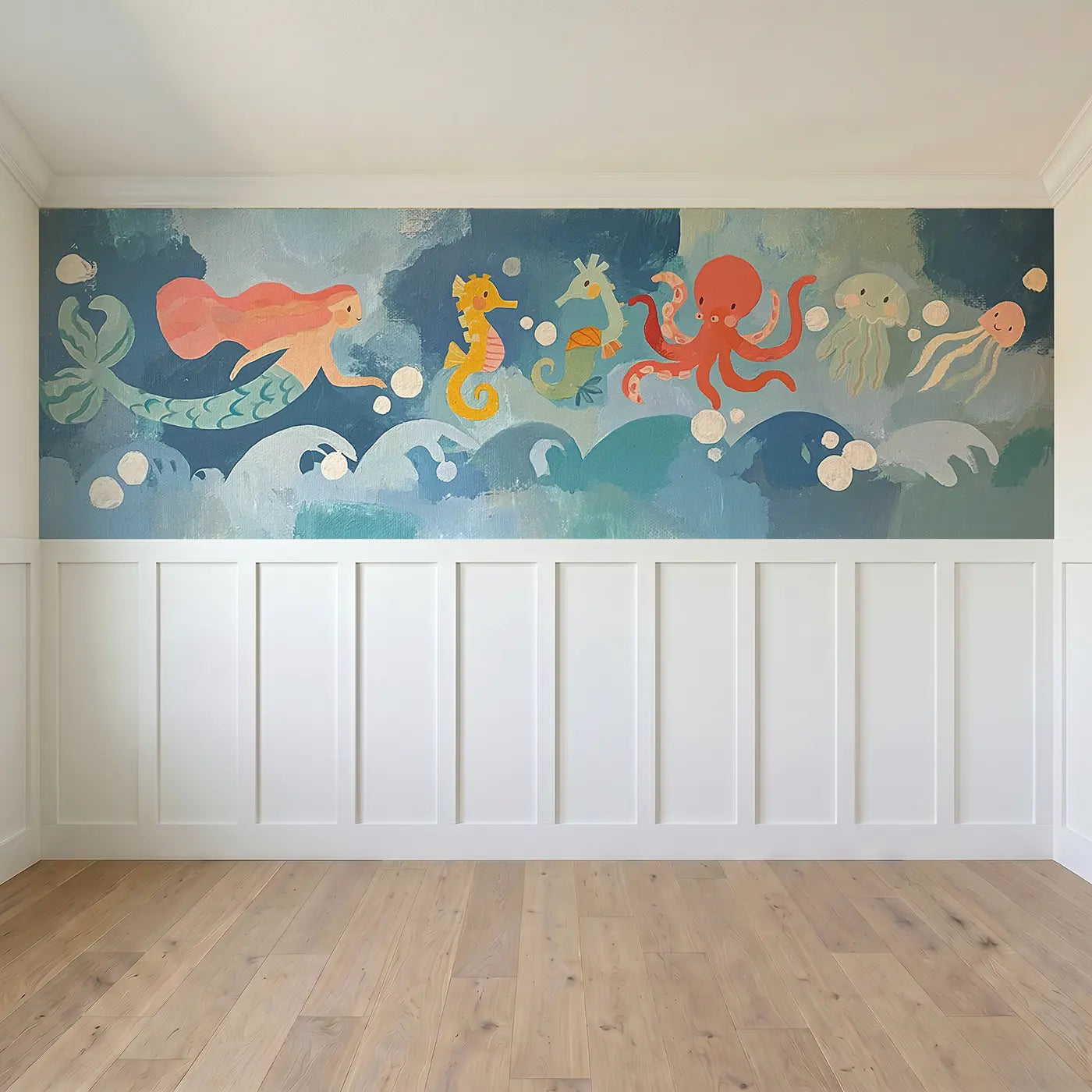 Full panel view of Bold Sea Creature Parade Wainscoting Wallpaper by Whimsy Tots