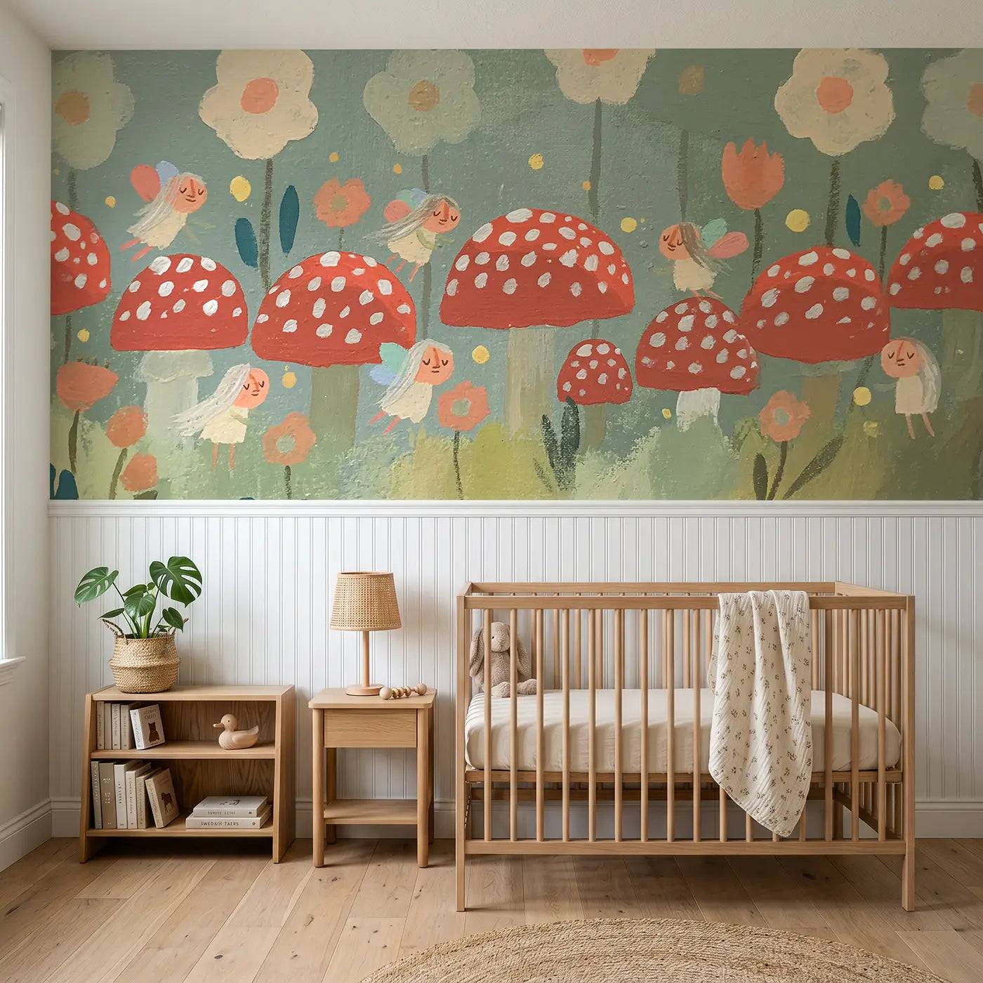 Modern Illustration graphic fairy ring garden wainscoting wallpaper for nursery by Whimsy Tots