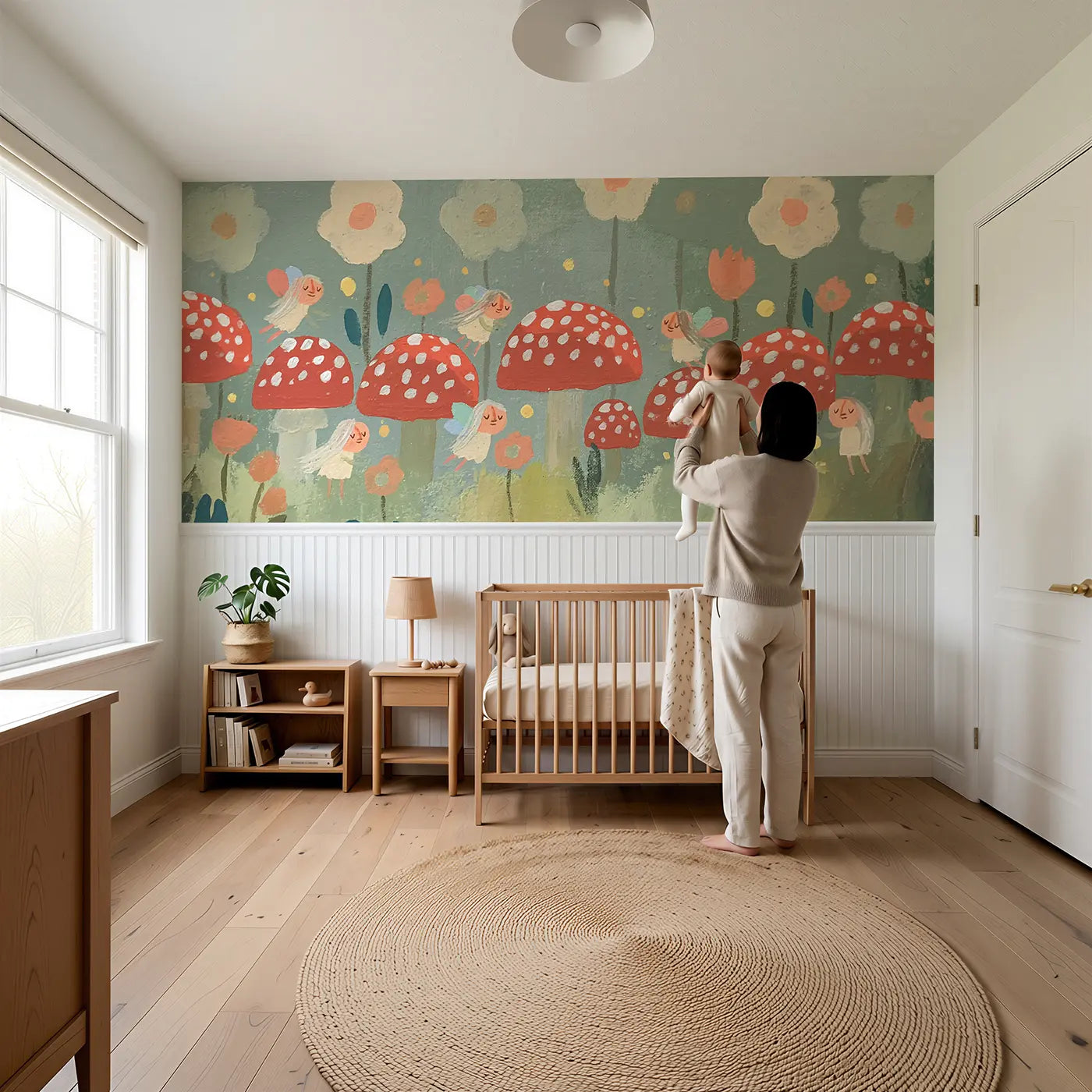 Child reading near Graphic Fairy Ring Garden Wainscoting Wallpaper by Whimsy Tots