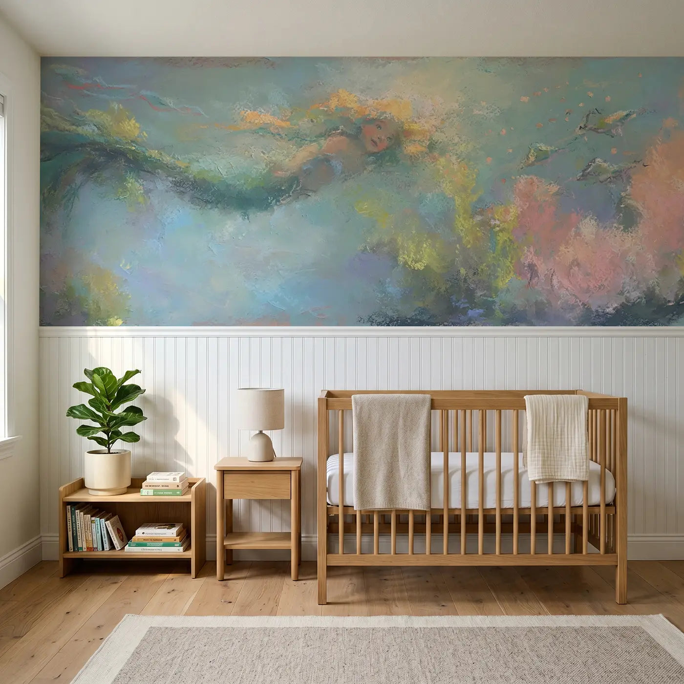 Soft Pastel chalk mermaid ocean wainscoting wallpaper for nursery by Whimsy Tots