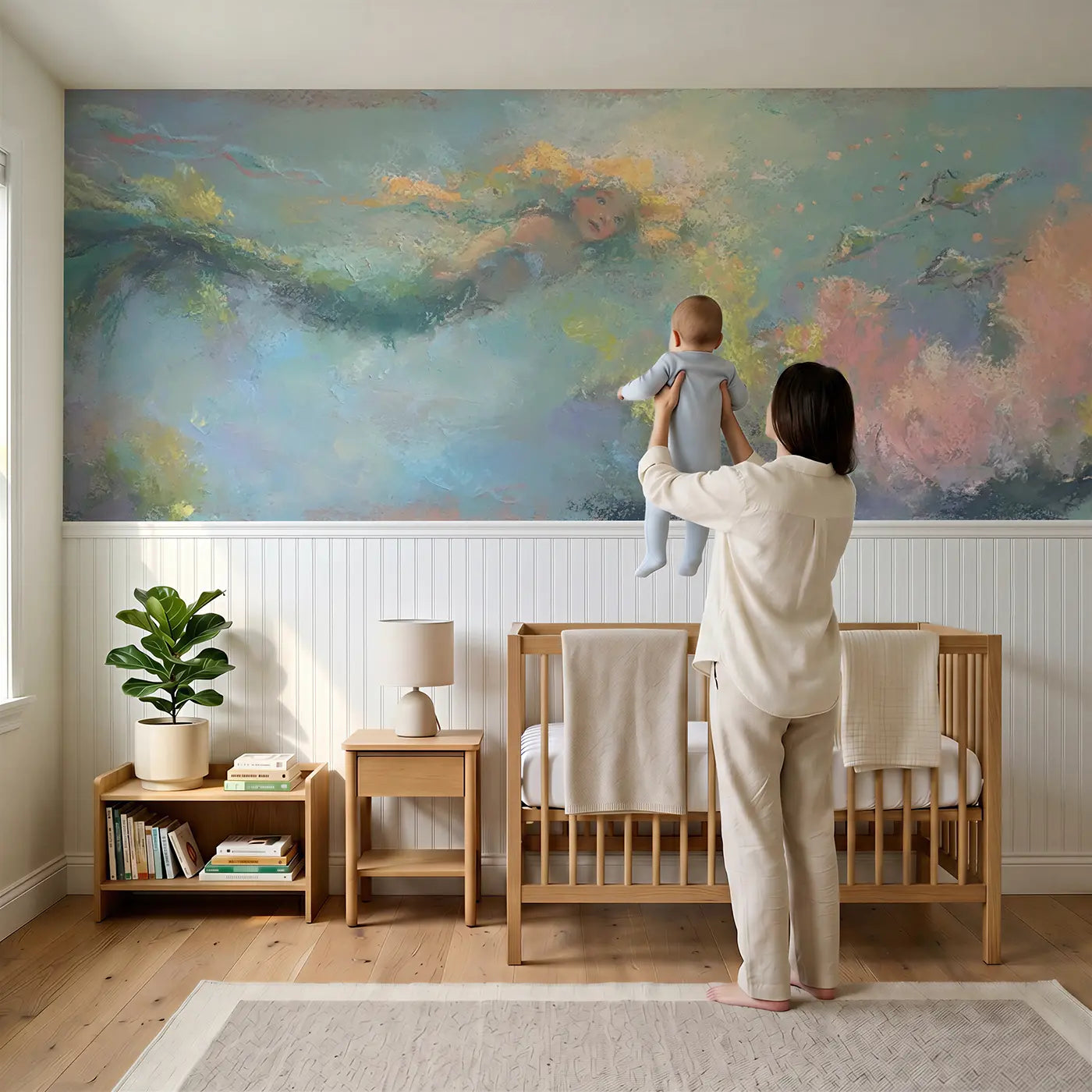 Child reading near Chalk Mermaid Soft Ocean Wainscoting Wallpaper by Whimsy Tots