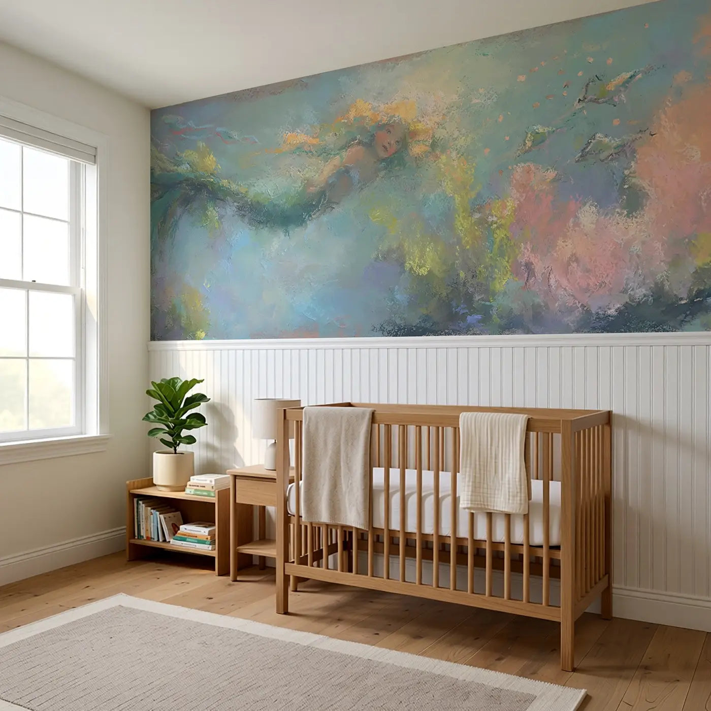 Chalk Mermaid Soft Ocean Wainscoting Wallpaper styled in a kids bedroom by Whimsy Tots