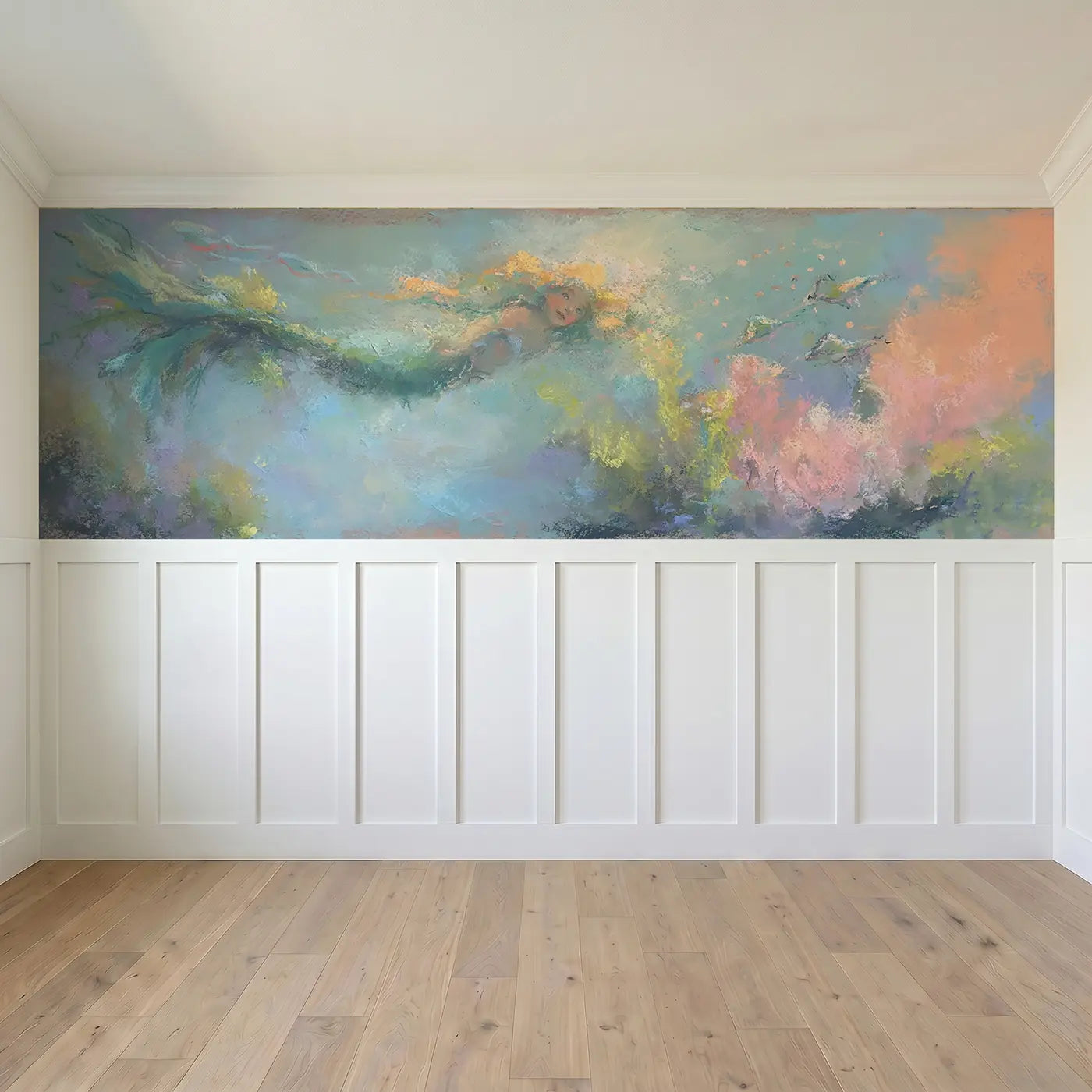 Full panel view of Chalk Mermaid Soft Ocean Wainscoting Wallpaper by Whimsy Tots