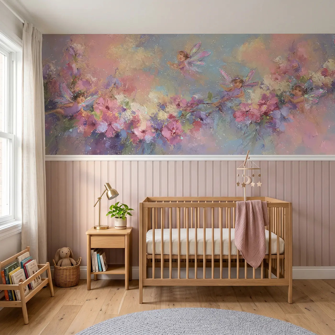 Soft Pastel fairy wing garden wainscoting wallpaper for nursery by Whimsy Tots