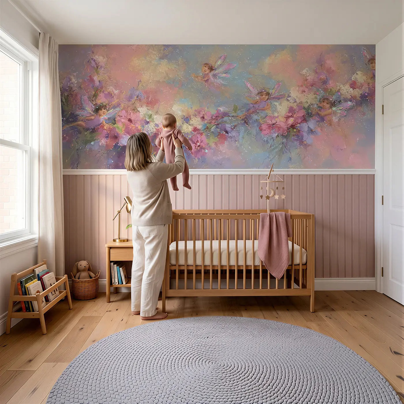 Child reading near Pastel Fairy Wing Garden Wainscoting Wallpaper by Whimsy Tots