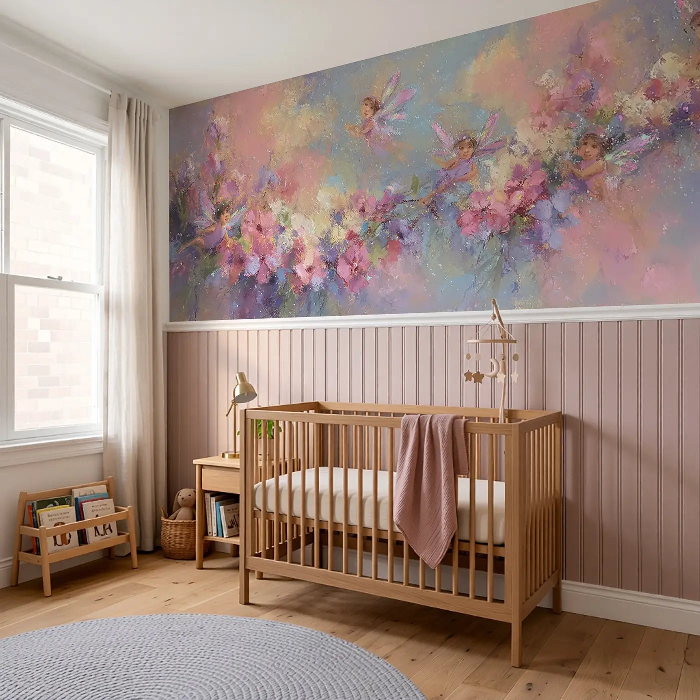 Pastel Fairy Wing Garden Wainscoting Wallpaper styled in a kids bedroom by Whimsy Tots