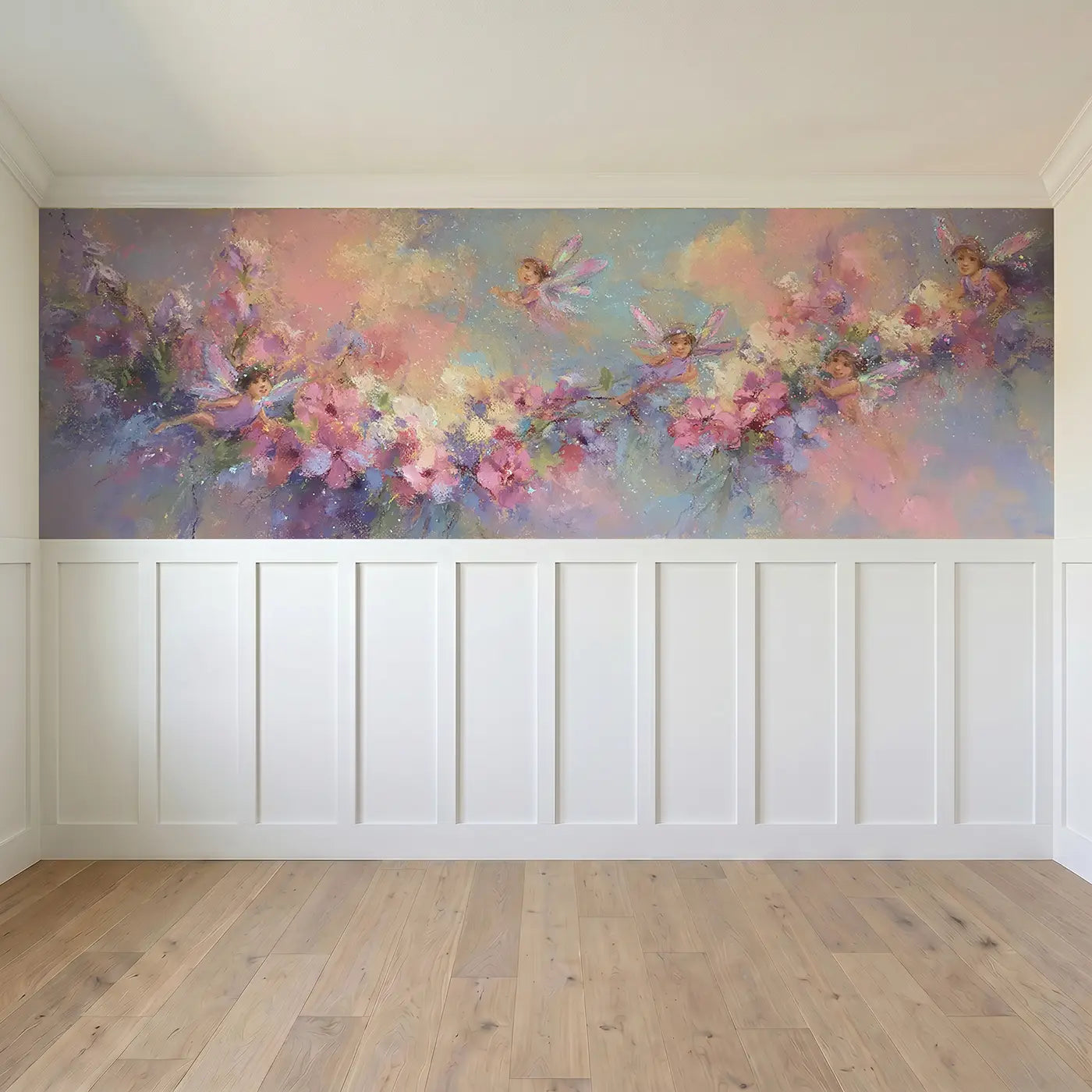 Full panel view of Pastel Fairy Wing Garden Wainscoting Wallpaper by Whimsy Tots