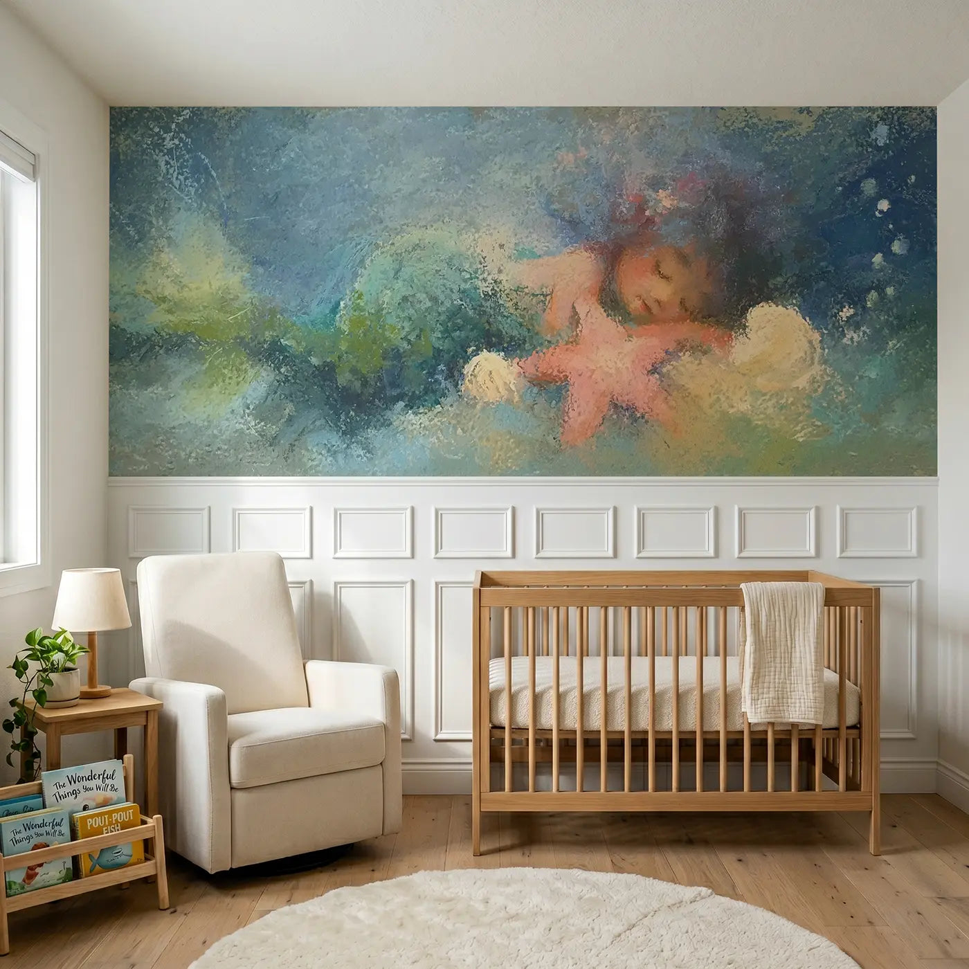 Soft Pastel chalk mermaid starfish dream wainscoting wallpaper for nursery by Whimsy Tots