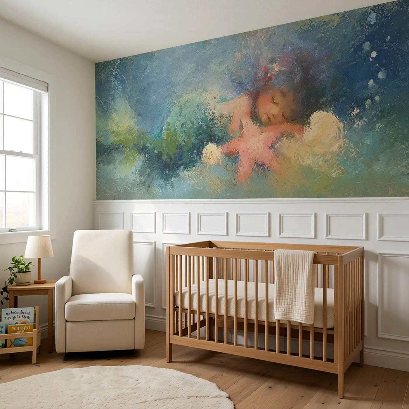 Chalk Mermaid Starfish Dream Wainscoting Wallpaper styled in a kids bedroom by Whimsy Tots