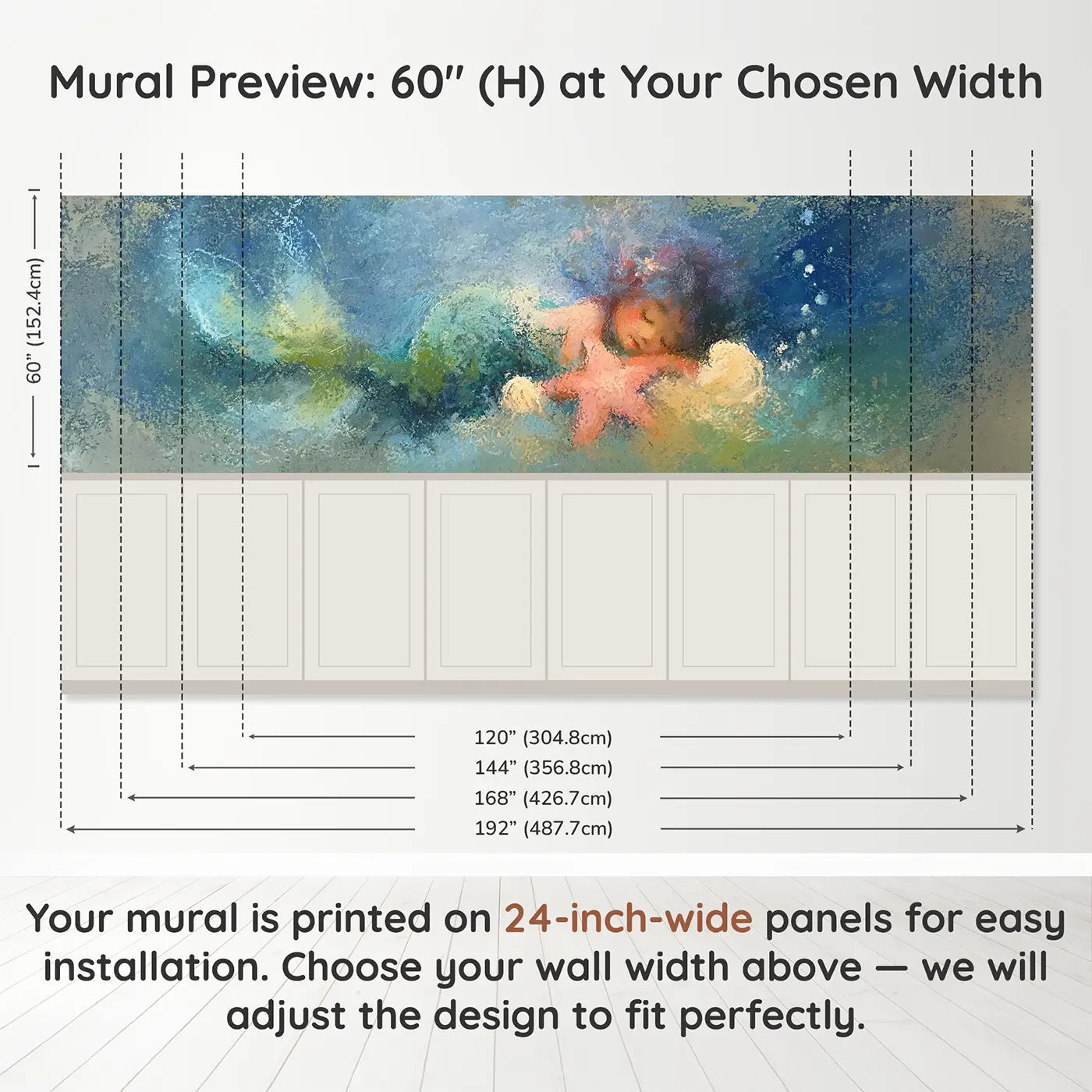 Panel dimensions for Chalk Mermaid Starfish Dream Wainscoting Wallpaper by Whimsy Tots