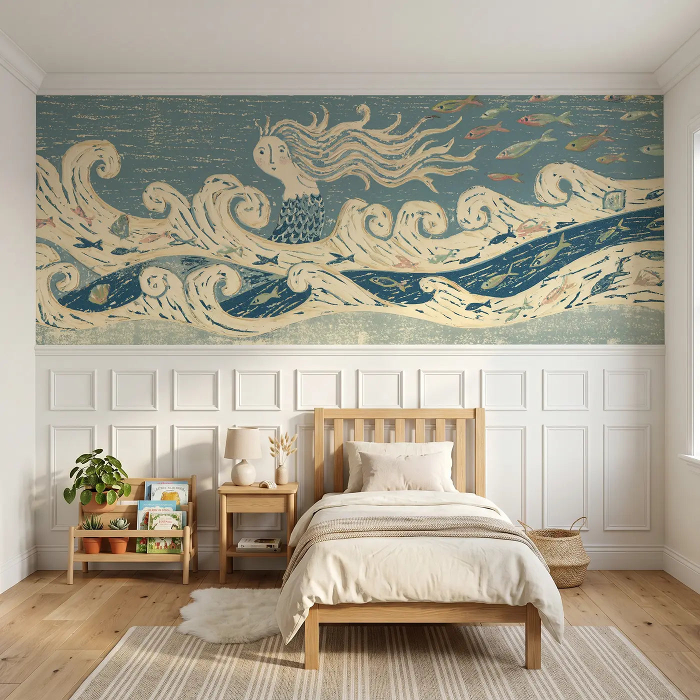 Block Print carved mermaid wave band wainscoting wallpaper for bedroom by Whimsy Tots