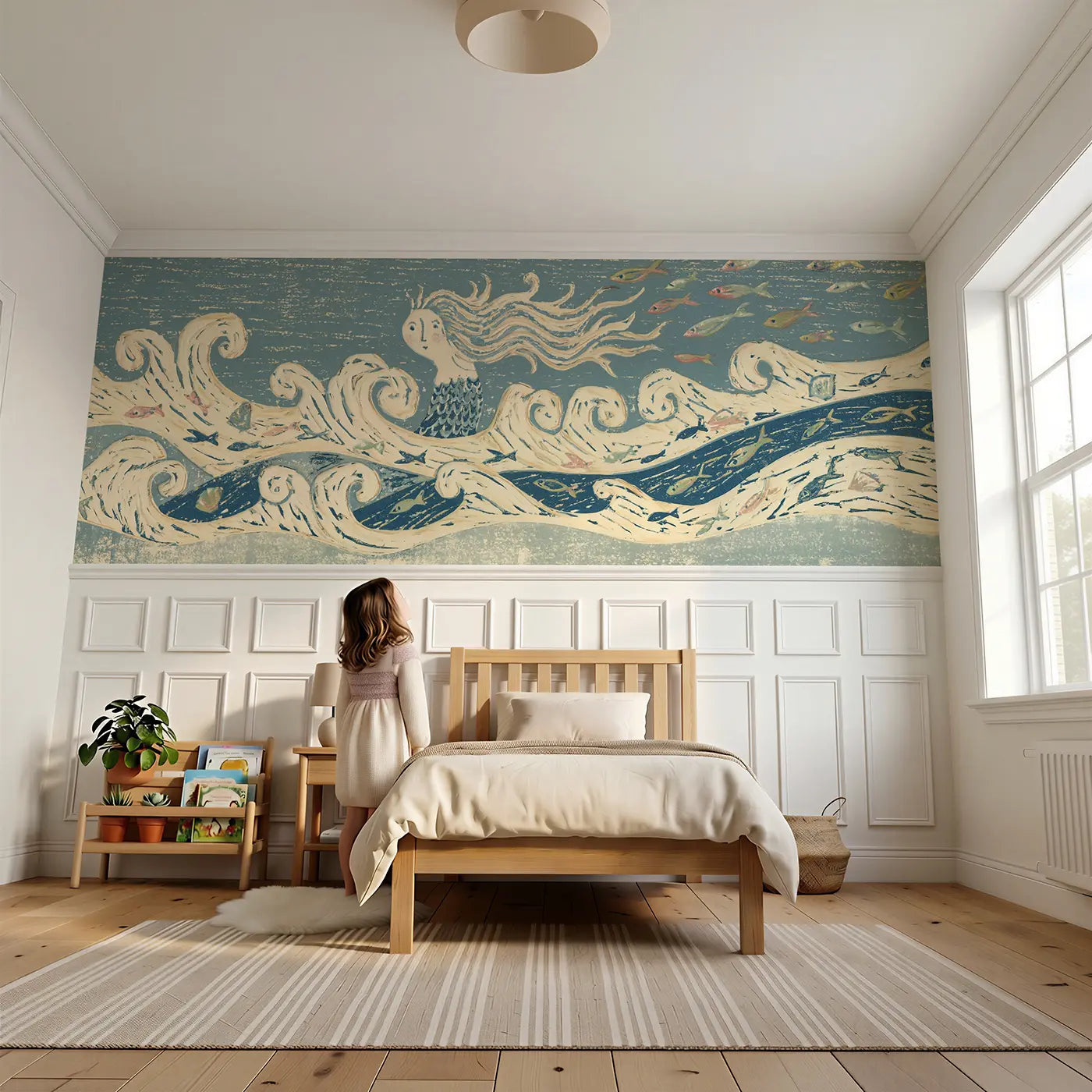 Child reading near Carved Mermaid Wave Band Wainscoting Wallpaper by Whimsy Tots