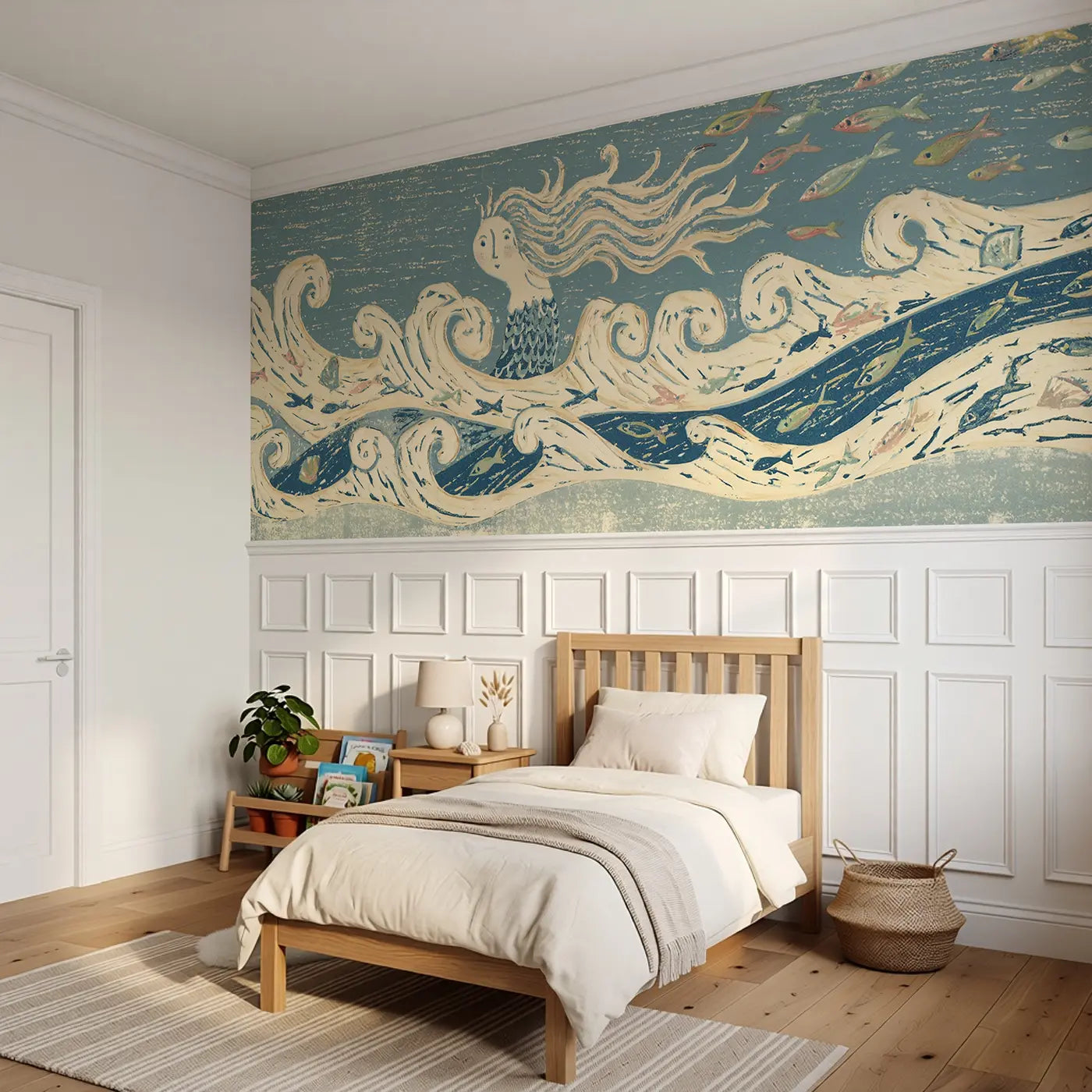 Carved Mermaid Wave Band Wainscoting Wallpaper styled in a kids bedroom by Whimsy Tots