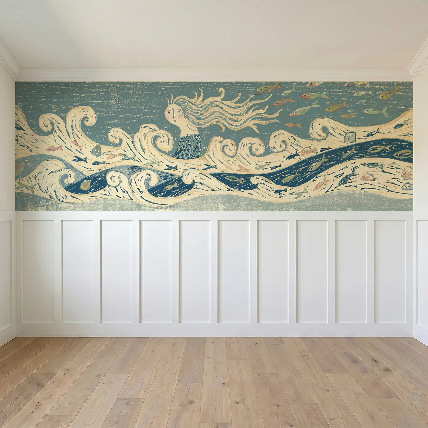 Full panel view of Carved Mermaid Wave Band Wainscoting Wallpaper by Whimsy Tots
