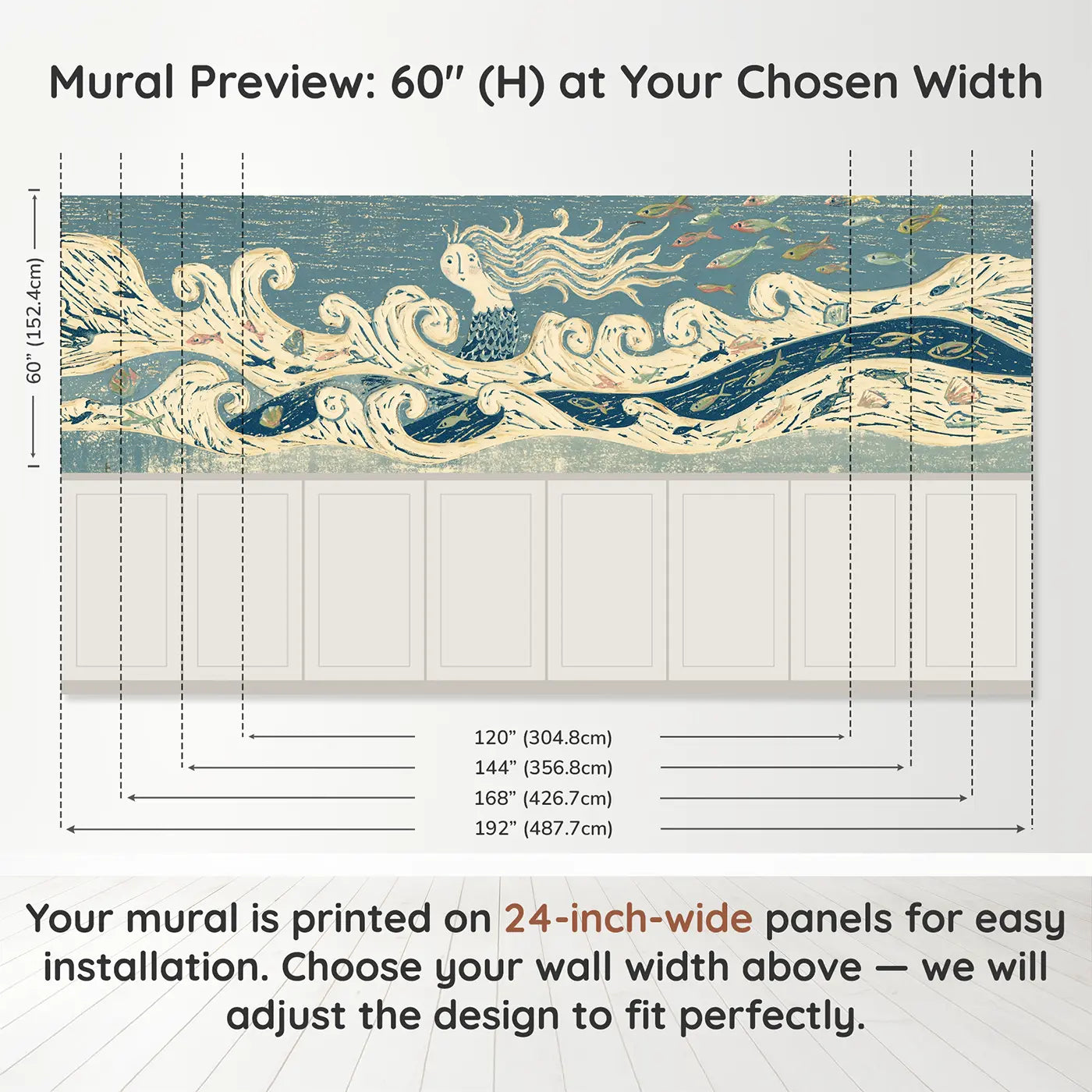 Panel dimensions for Carved Mermaid Wave Band Wainscoting Wallpaper by Whimsy Tots