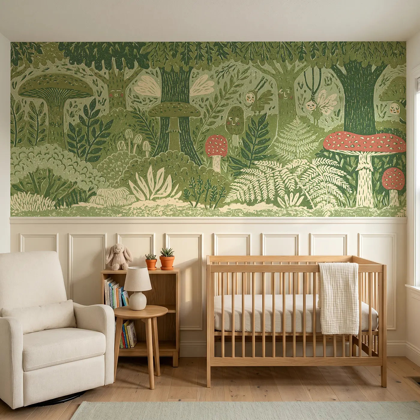Block Print fairy forest wainscoting wallpaper for nursery by Whimsy Tots