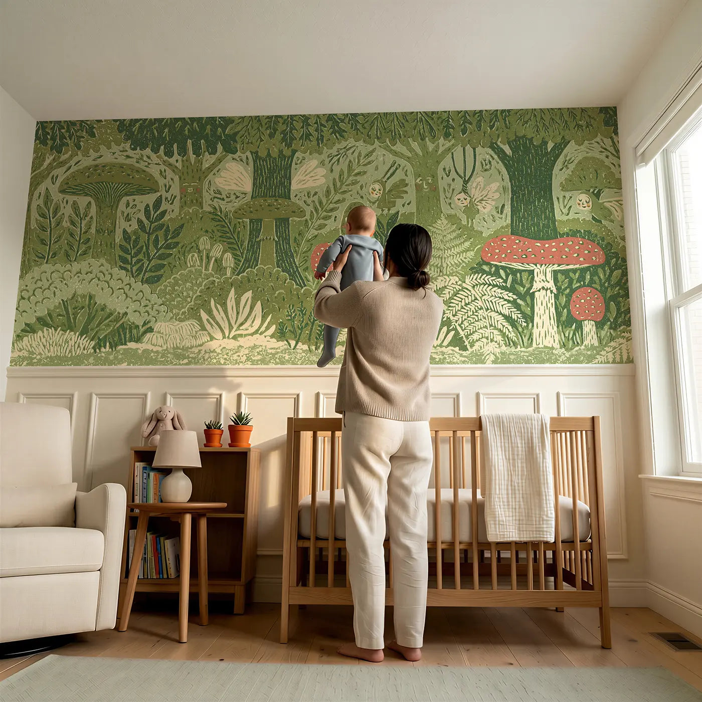 Child reading near Block Print Fairy Forest Wainscoting Wallpaper by Whimsy Tots