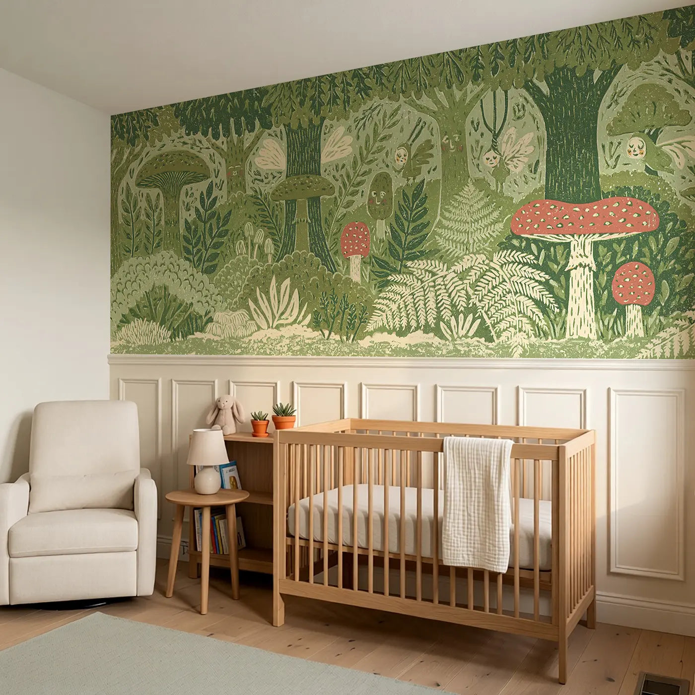 Block Print Fairy Forest Wainscoting Wallpaper styled in a kids bedroom by Whimsy Tots
