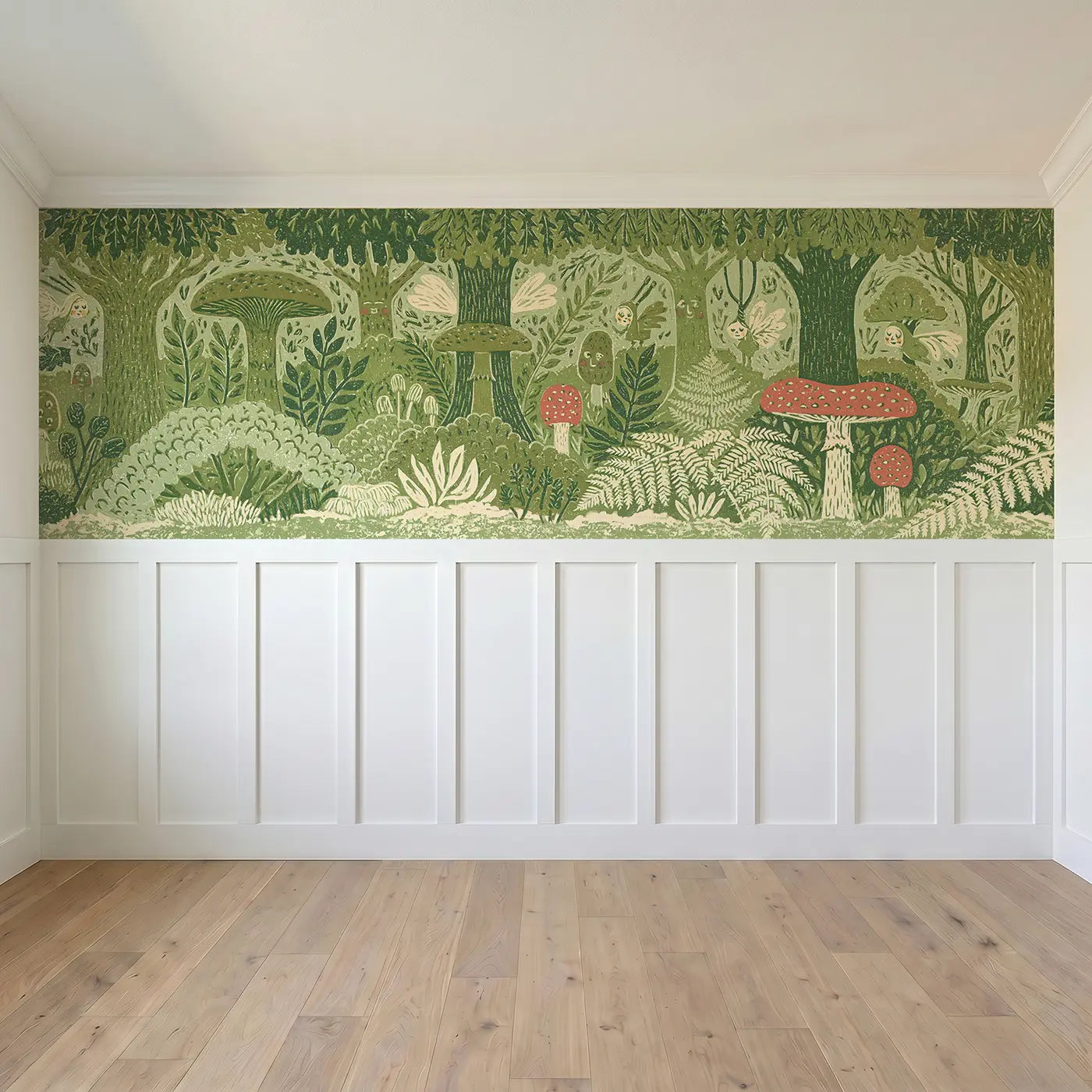 Full panel view of Block Print Fairy Forest Wainscoting Wallpaper by Whimsy Tots