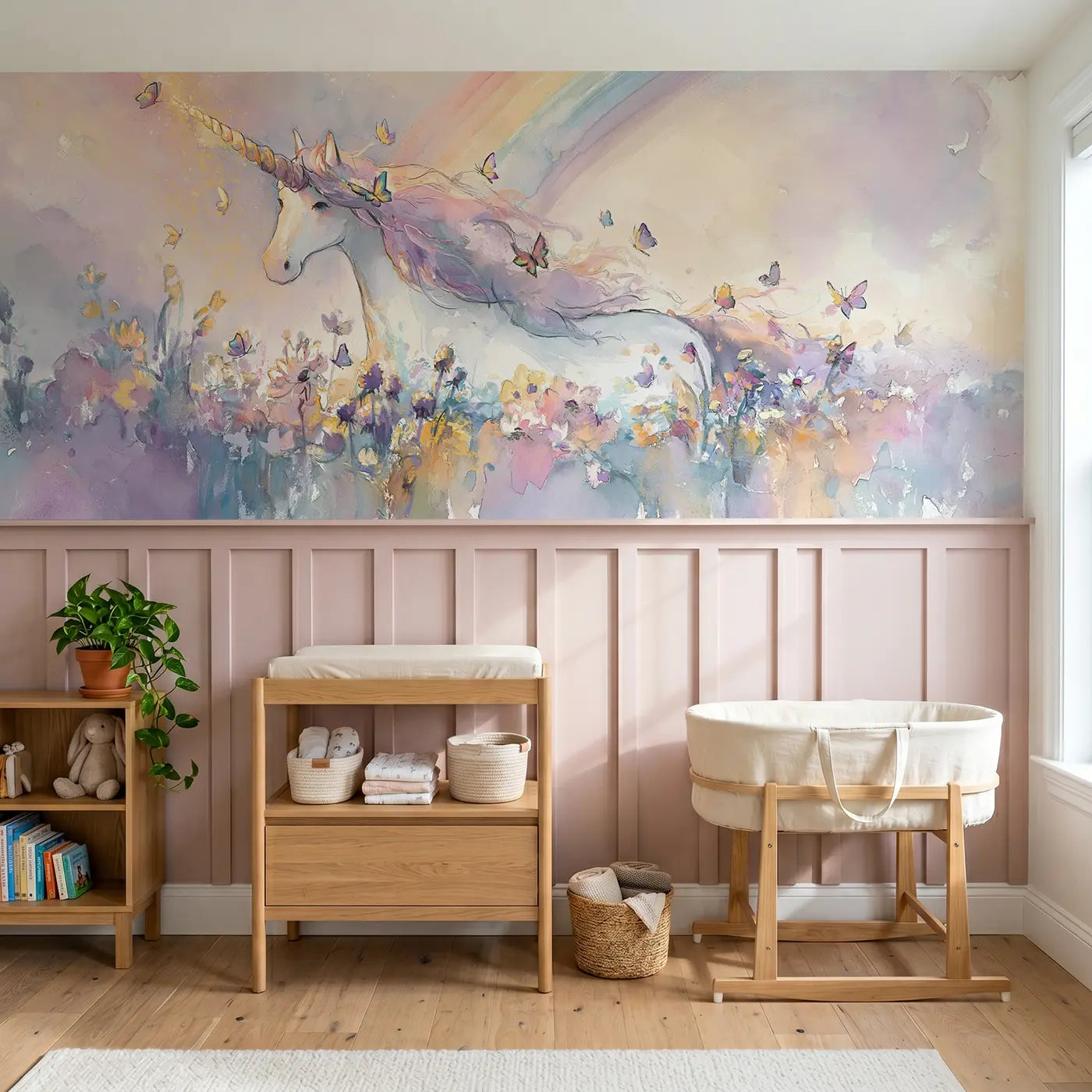 Watercolor unicorn meadow rainbow sky wainscoting wallpaper for nursery by Whimsy Tots