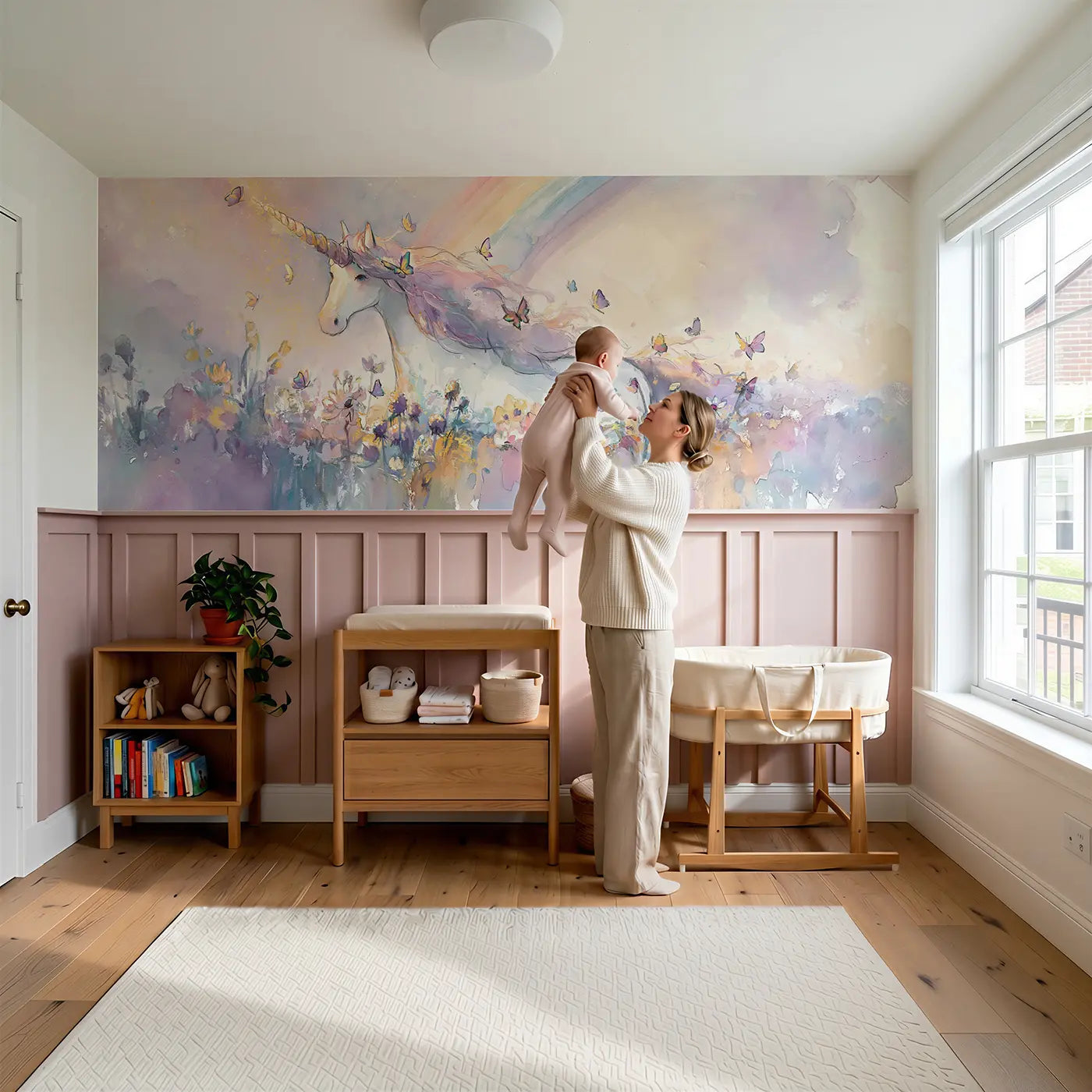 Child reading near Unicorn Meadow Rainbow Sky Wainscoting Wallpaper by Whimsy Tots