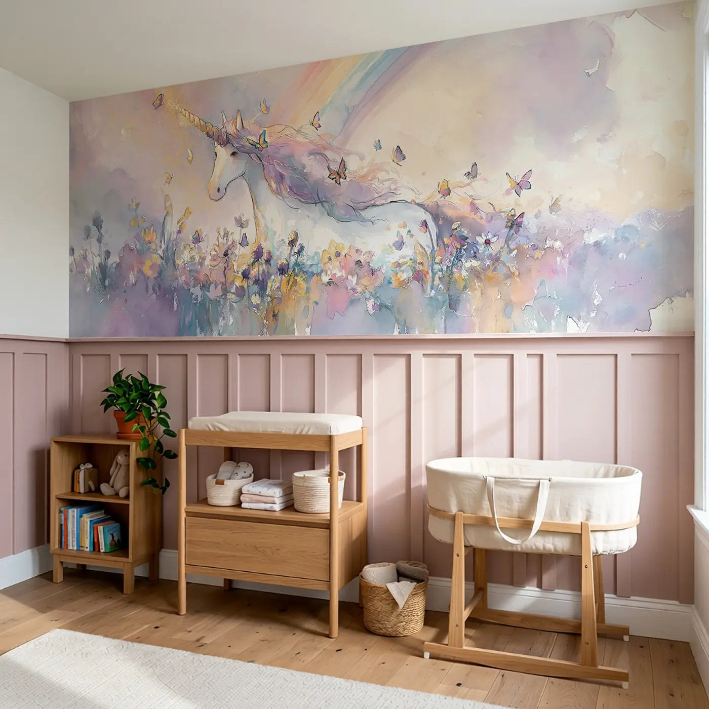 Unicorn Meadow Rainbow Sky Wainscoting Wallpaper styled in a kids bedroom by Whimsy Tots