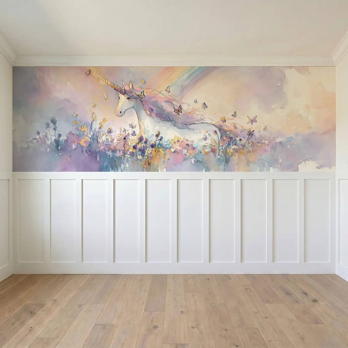 Full panel view of Unicorn Meadow Rainbow Sky Wainscoting Wallpaper by Whimsy Tots