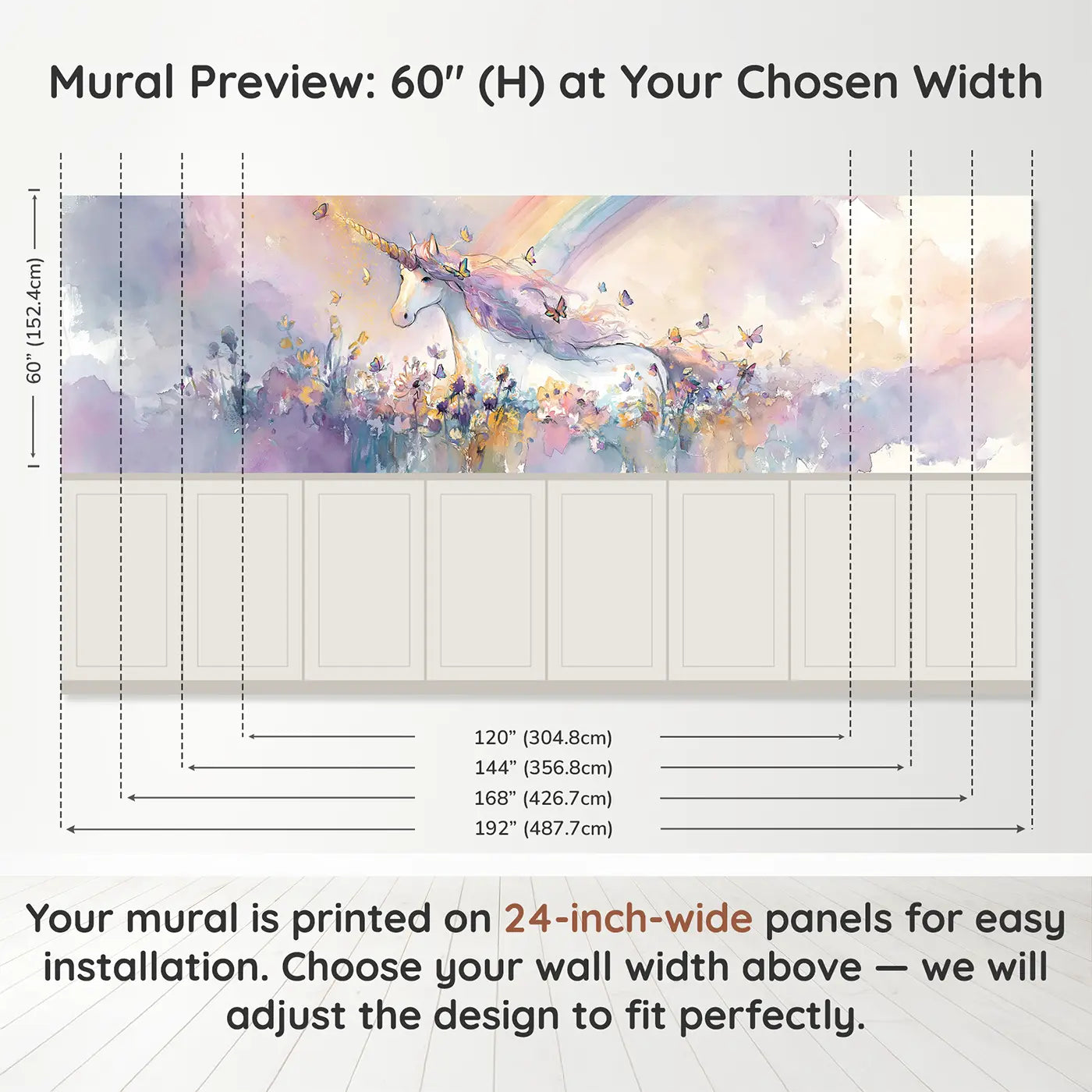 Panel dimensions for Unicorn Meadow Rainbow Sky Wainscoting Wallpaper by Whimsy Tots