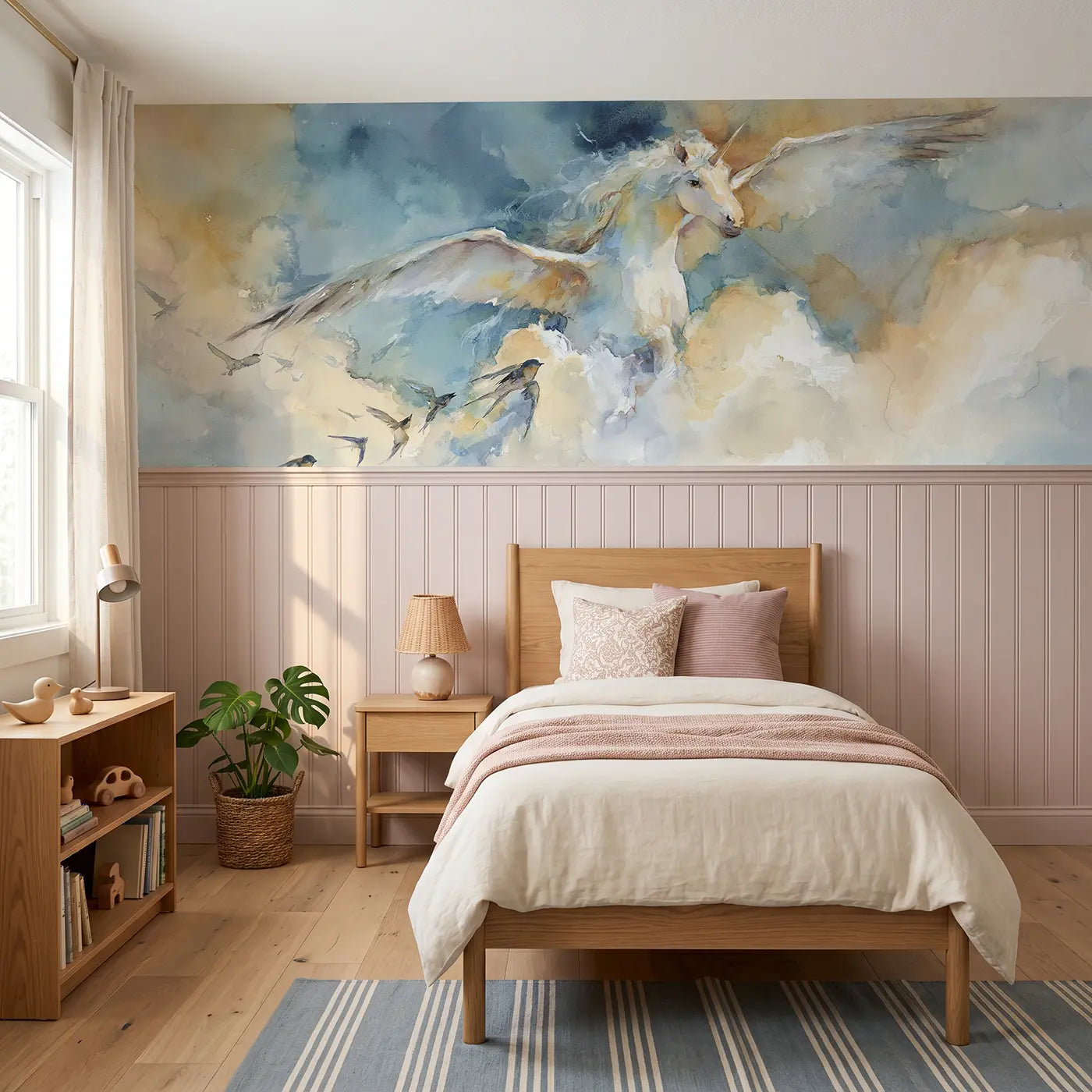 Watercolor pegasus cloud flight wainscoting wallpaper for bedroom by Whimsy Tots