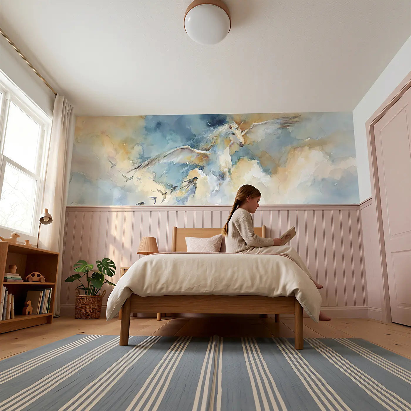 Child reading near Pegasus Cloud Flight Wainscoting Wallpaper by Whimsy Tots