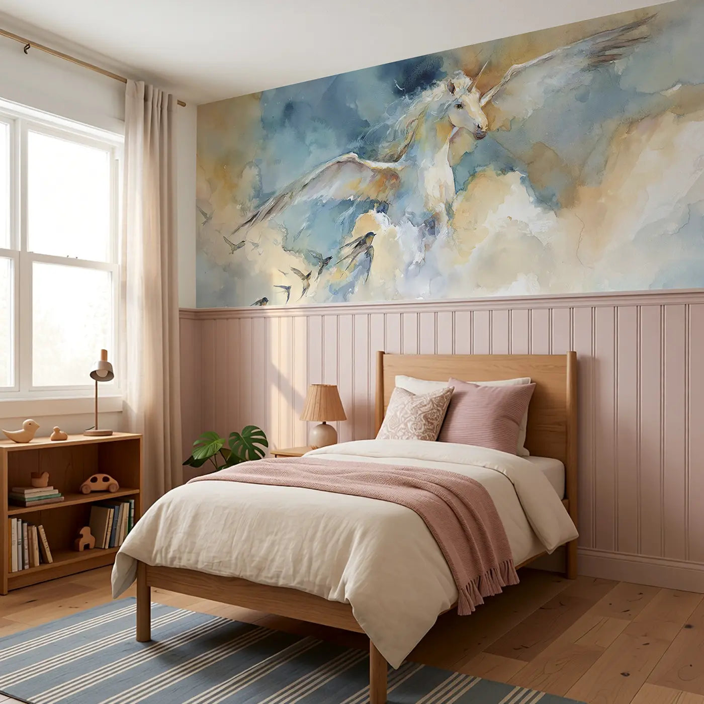 Pegasus Cloud Flight Wainscoting Wallpaper styled in a kids bedroom by Whimsy Tots
