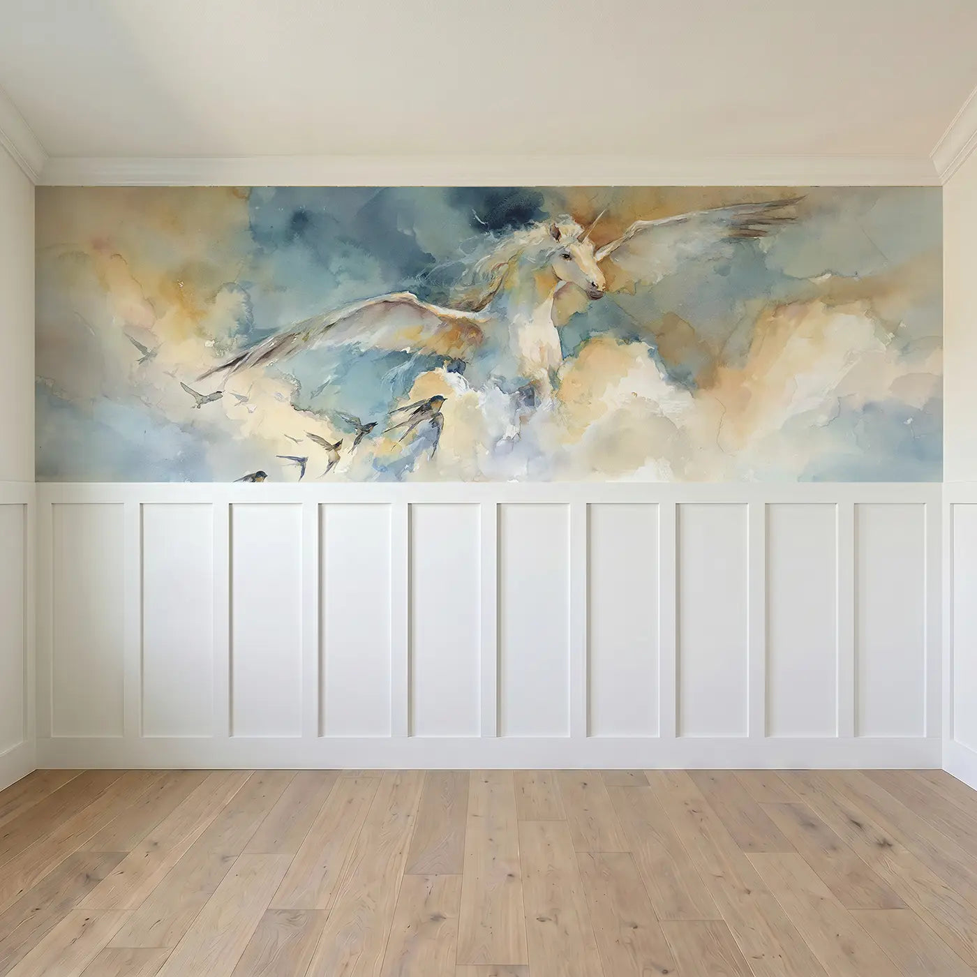 Full panel view of Pegasus Cloud Flight Wainscoting Wallpaper by Whimsy Tots