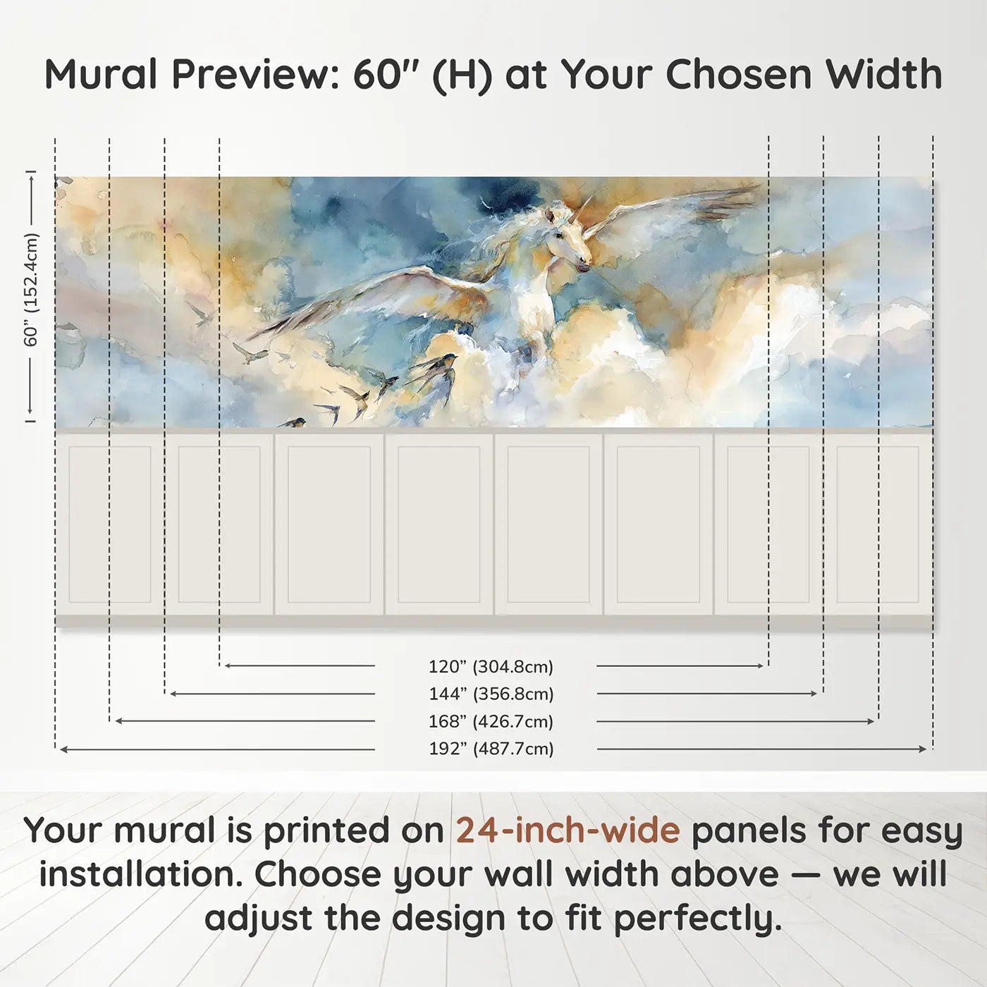 Panel dimensions for Pegasus Cloud Flight Wainscoting Wallpaper by Whimsy Tots