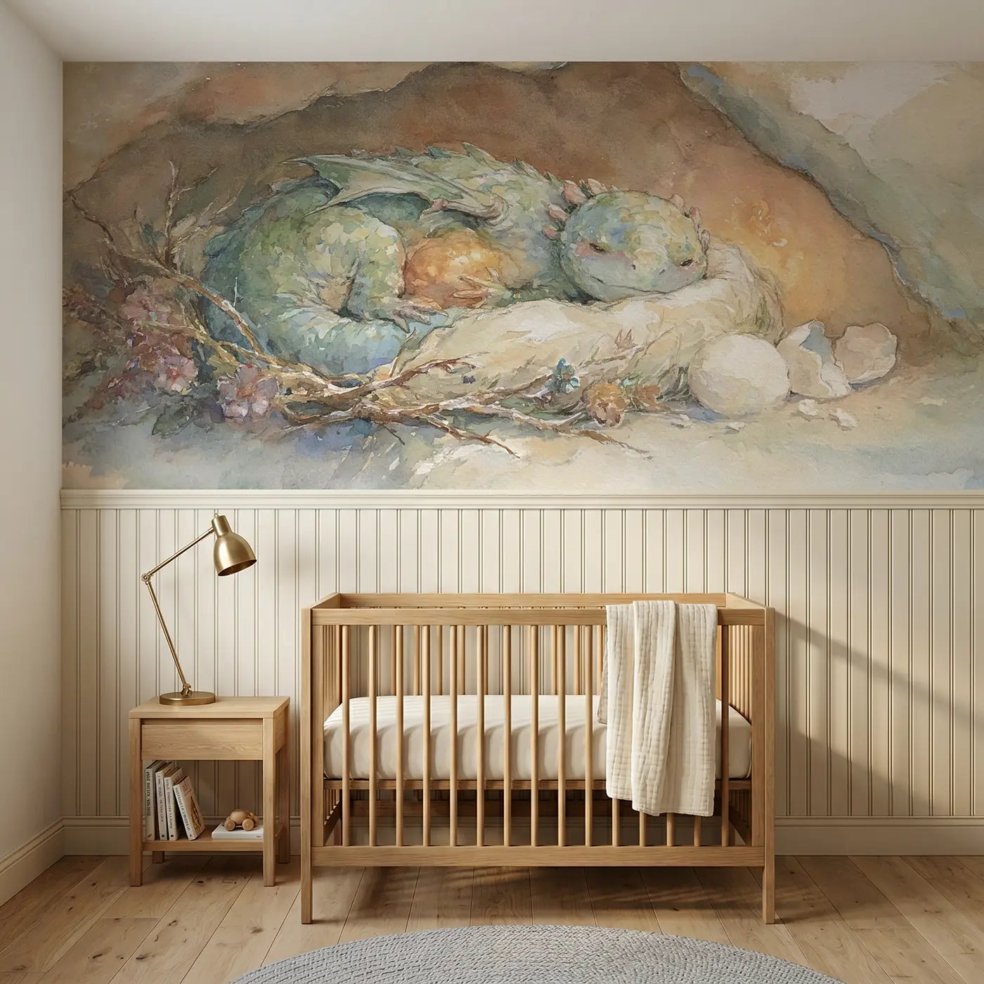 Watercolor dragon baby nest warm wainscoting wallpaper for nursery by Whimsy Tots