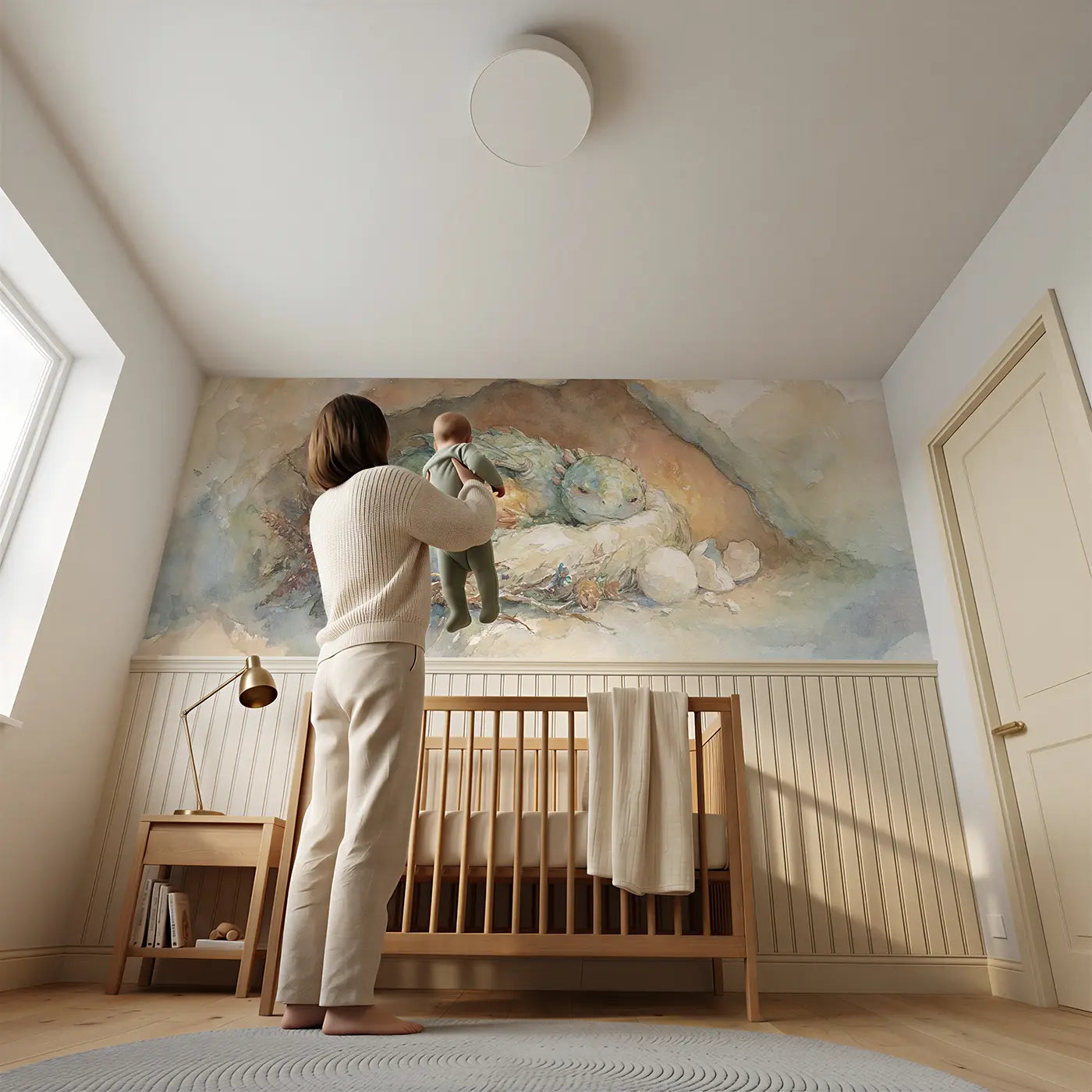 Child reading near Dragon Baby Nest Warm Wainscoting Wallpaper by Whimsy Tots