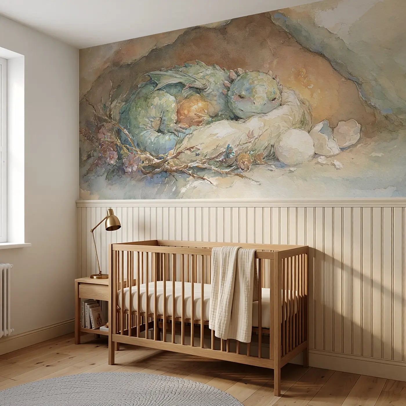 Dragon Baby Nest Warm Wainscoting Wallpaper styled in a kids bedroom by Whimsy Tots
