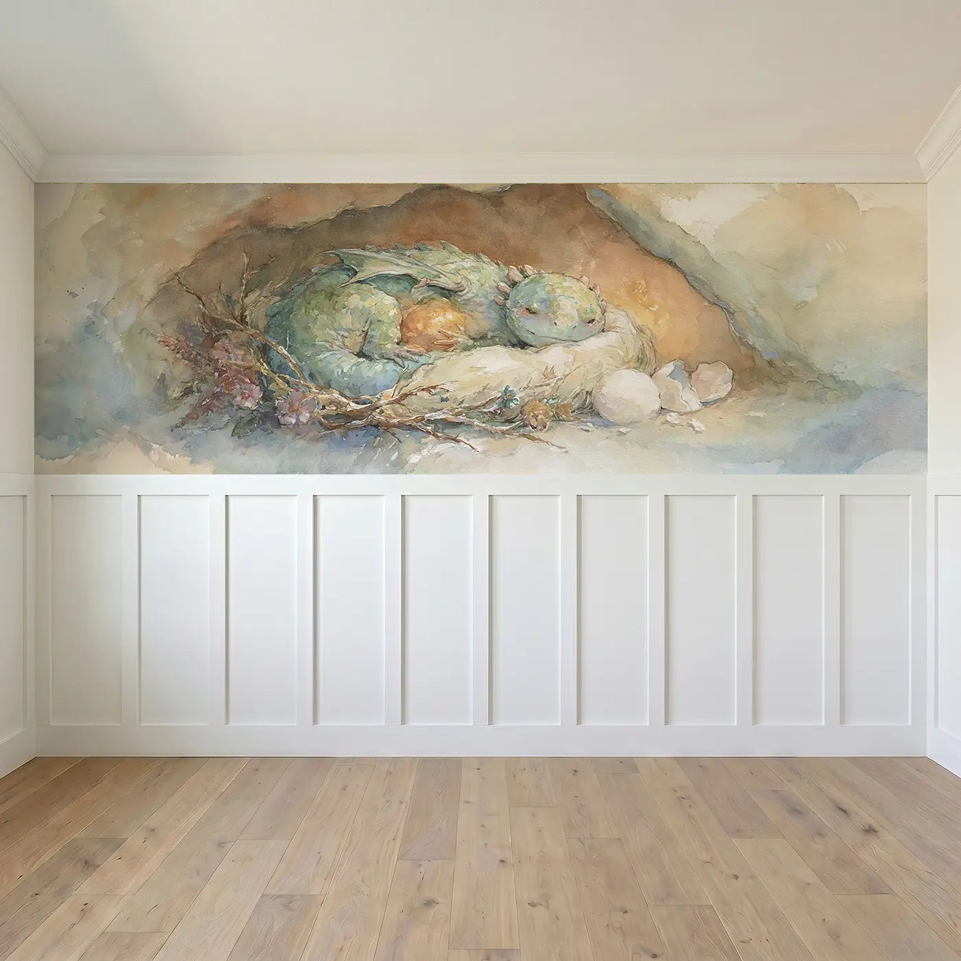 Full panel view of Dragon Baby Nest Warm Wainscoting Wallpaper by Whimsy Tots