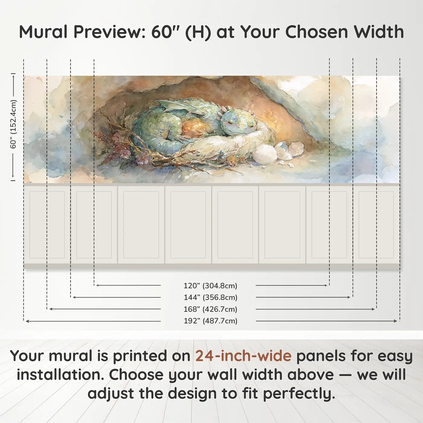 Panel dimensions for Dragon Baby Nest Warm Wainscoting Wallpaper by Whimsy Tots