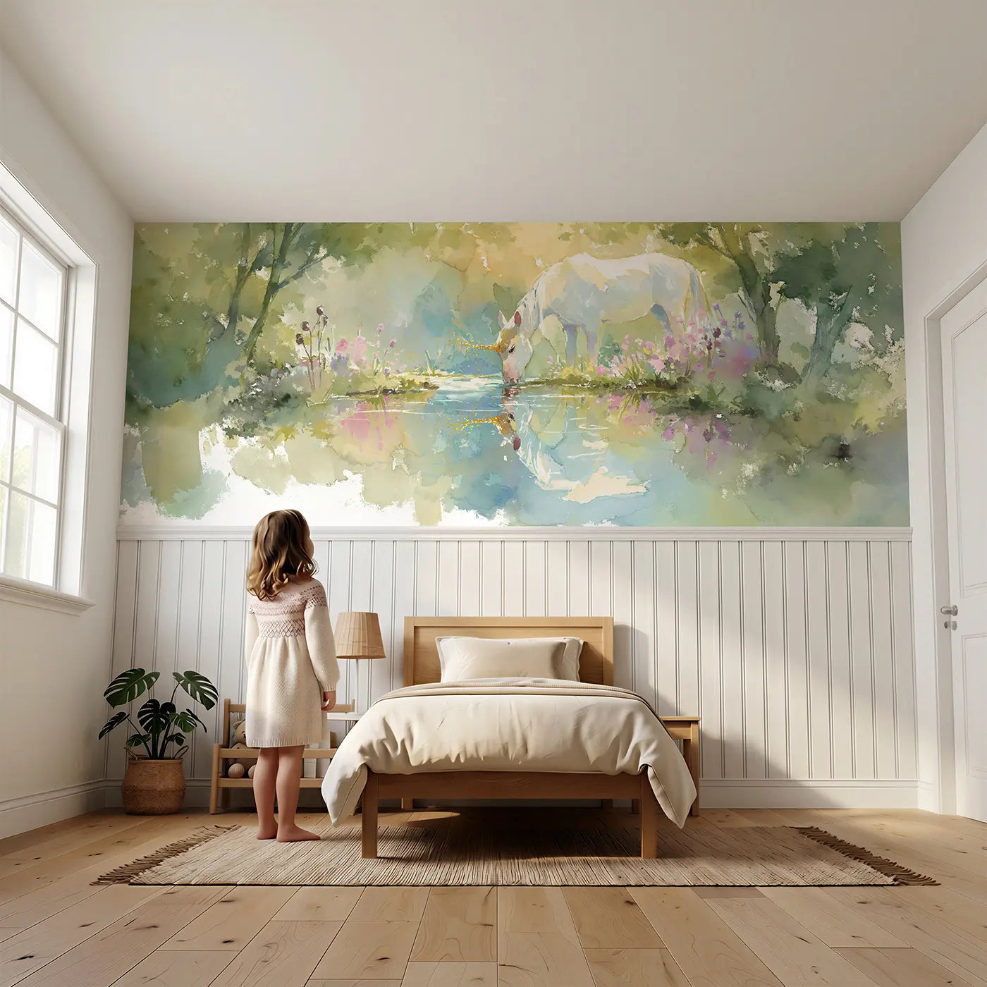 Child reading near Unicorn Forest Stream Wainscoting Wallpaper by Whimsy Tots