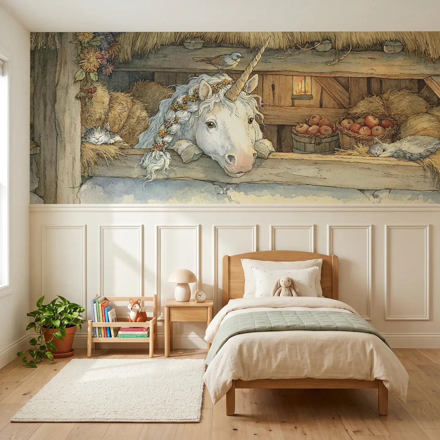 Storybook unicorn stable wainscoting wallpaper for nursery by Whimsy Tots
