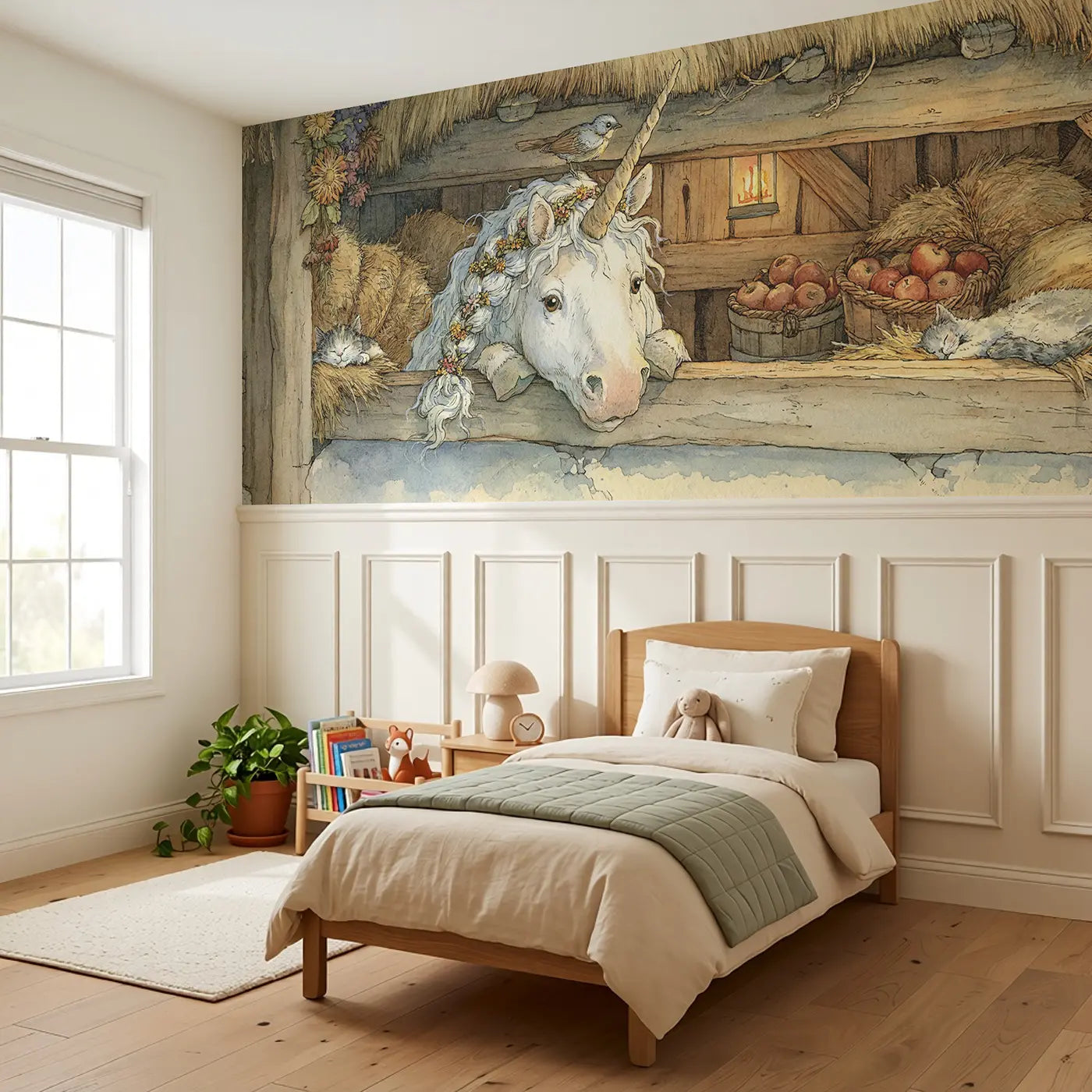 Unicorn Stable Storybook Wainscoting Wallpaper styled in a kids bedroom by Whimsy Tots