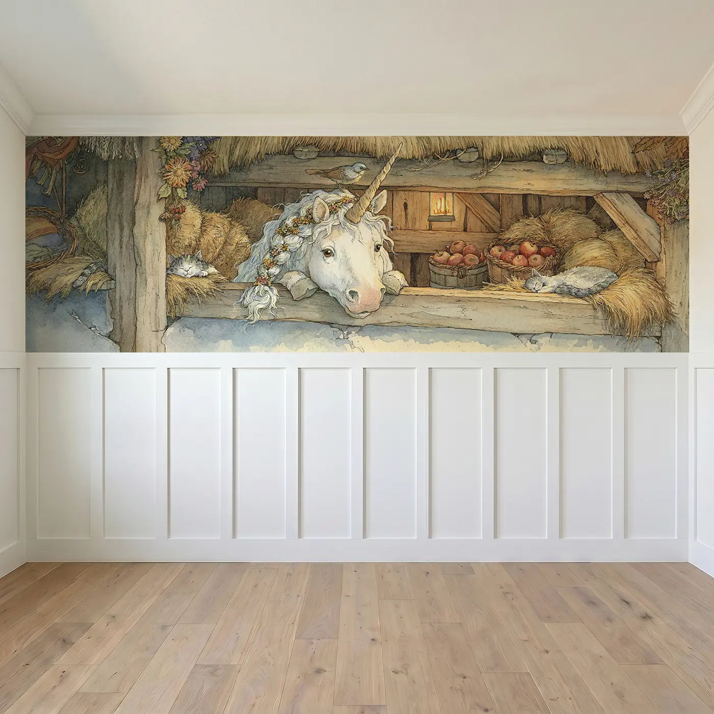 Full panel view of Unicorn Stable Storybook Wainscoting Wallpaper by Whimsy Tots