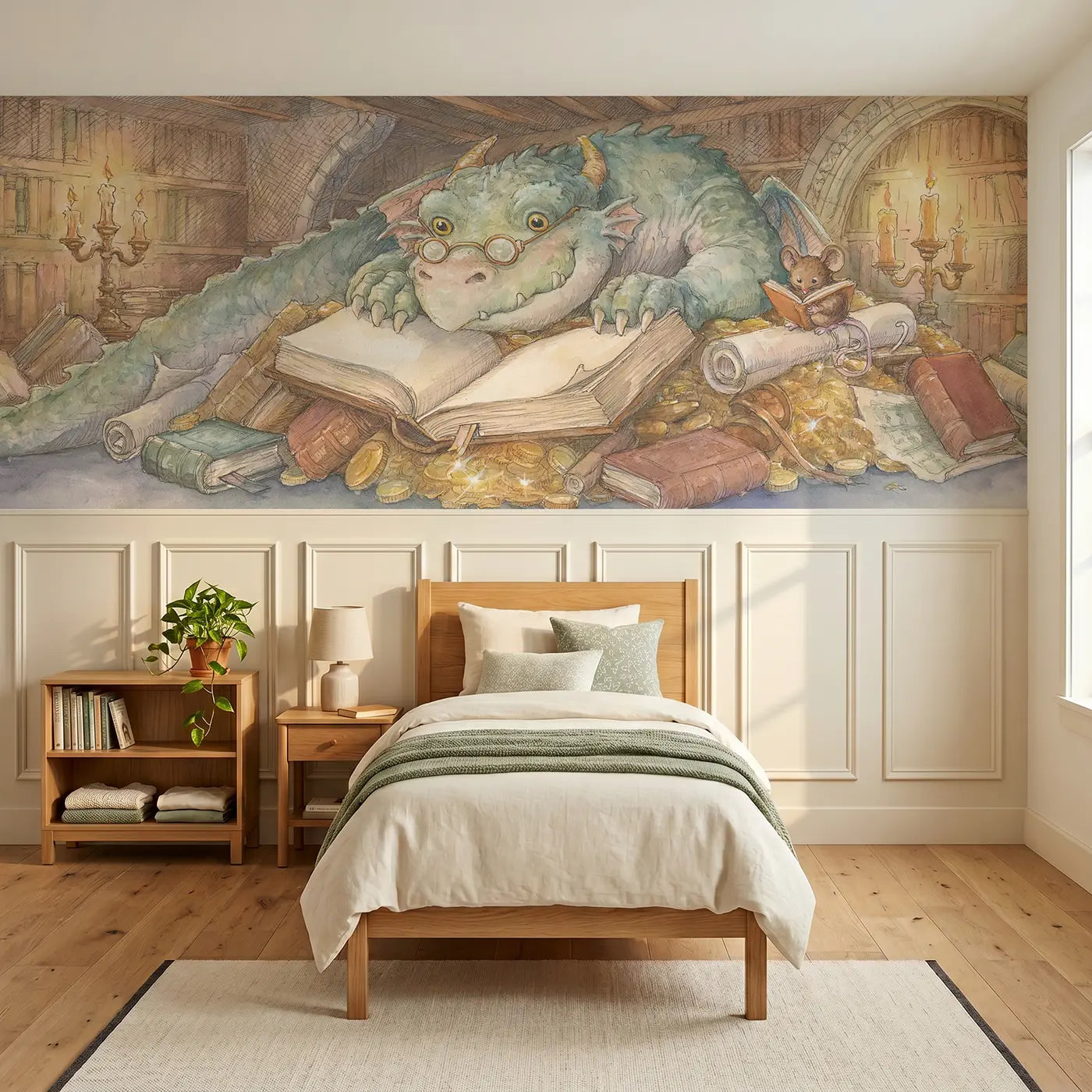 Storybook dragon treasure library wainscoting wallpaper for bedroom by Whimsy Tots